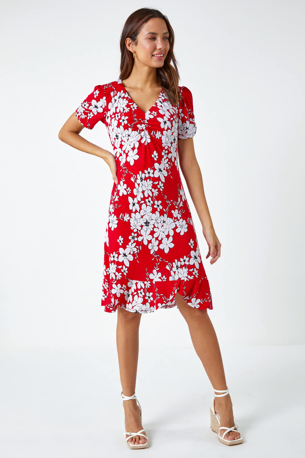 Red Frill Hem Floral Print Dress, Image 2 of 5