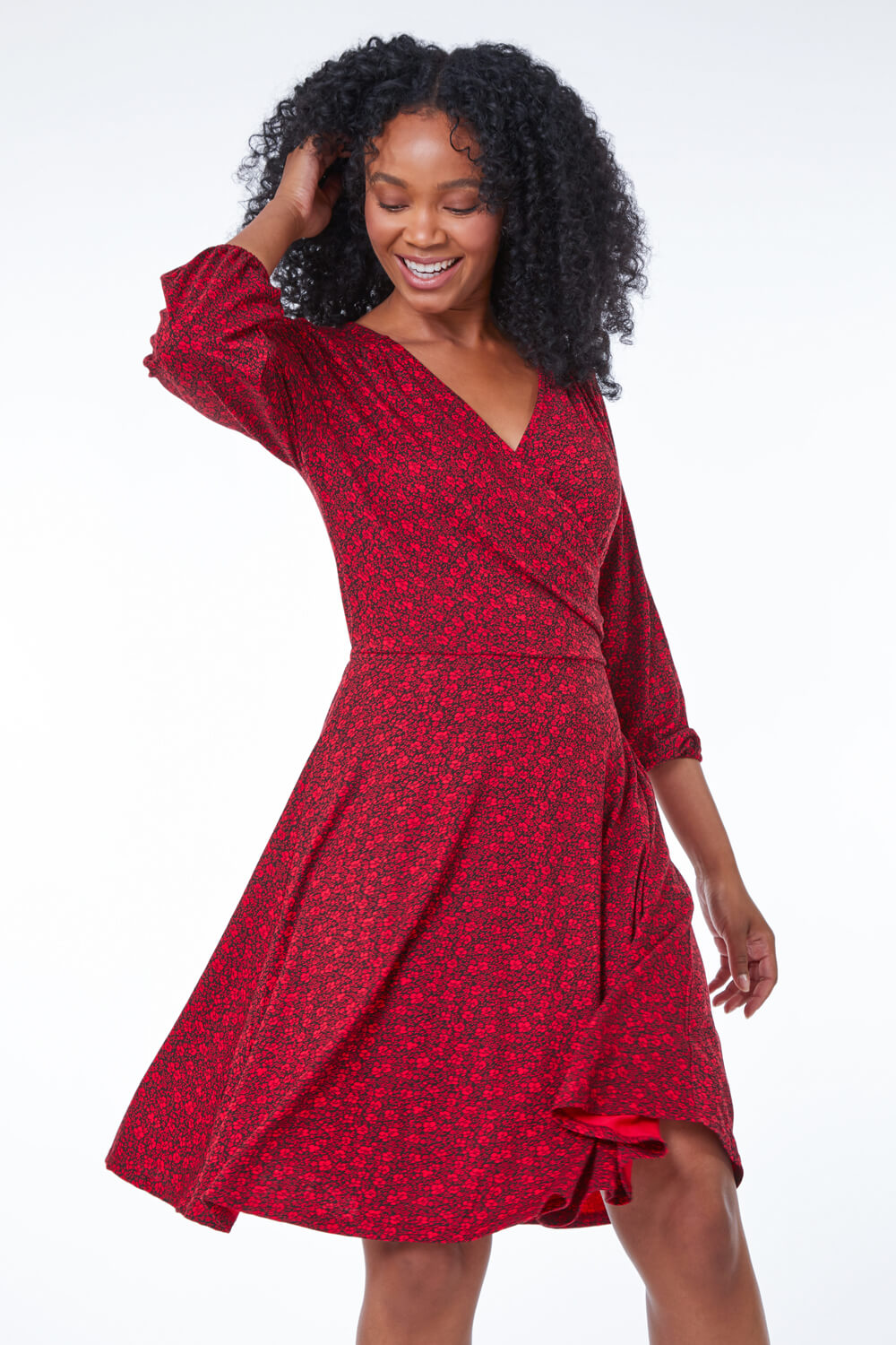 Red Petite Floral Print Wrap Dress, Image 2 of 5