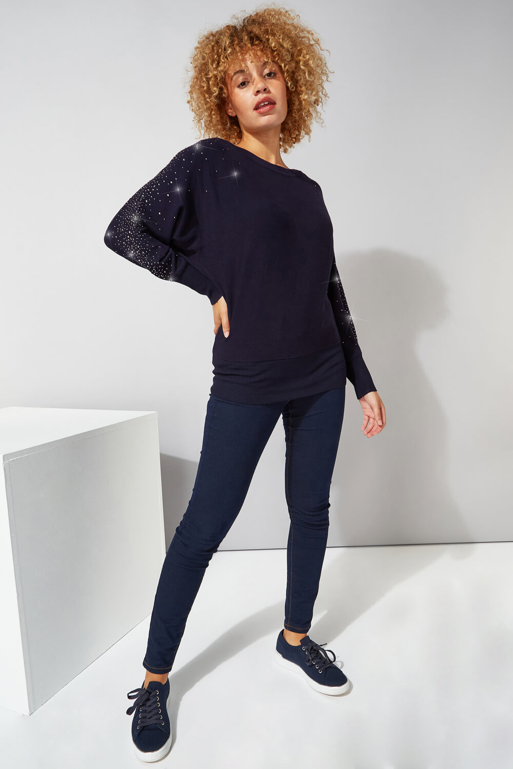 Midnight-Blue Diamante Embellished Batwing Jumper, Image 2 of 4