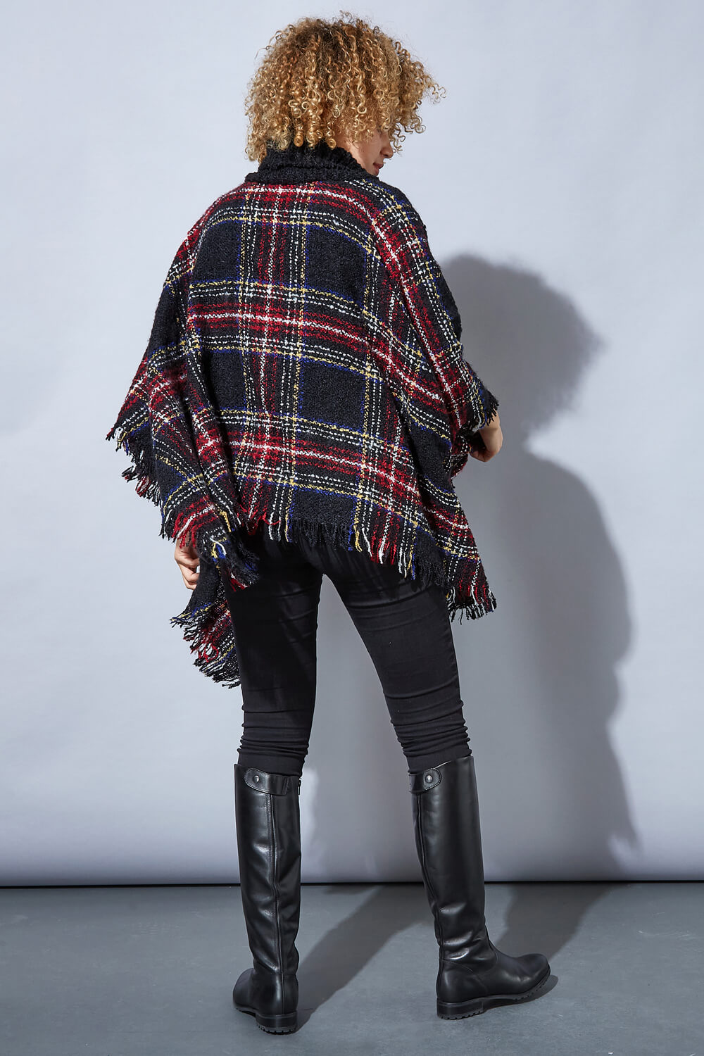 Multi  One Size Tartan Knitted Poncho, Image 2 of 4