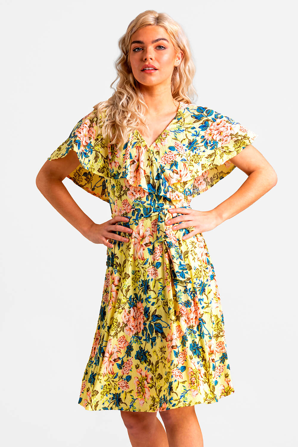 15076 Yellow Patterned Belted Dress