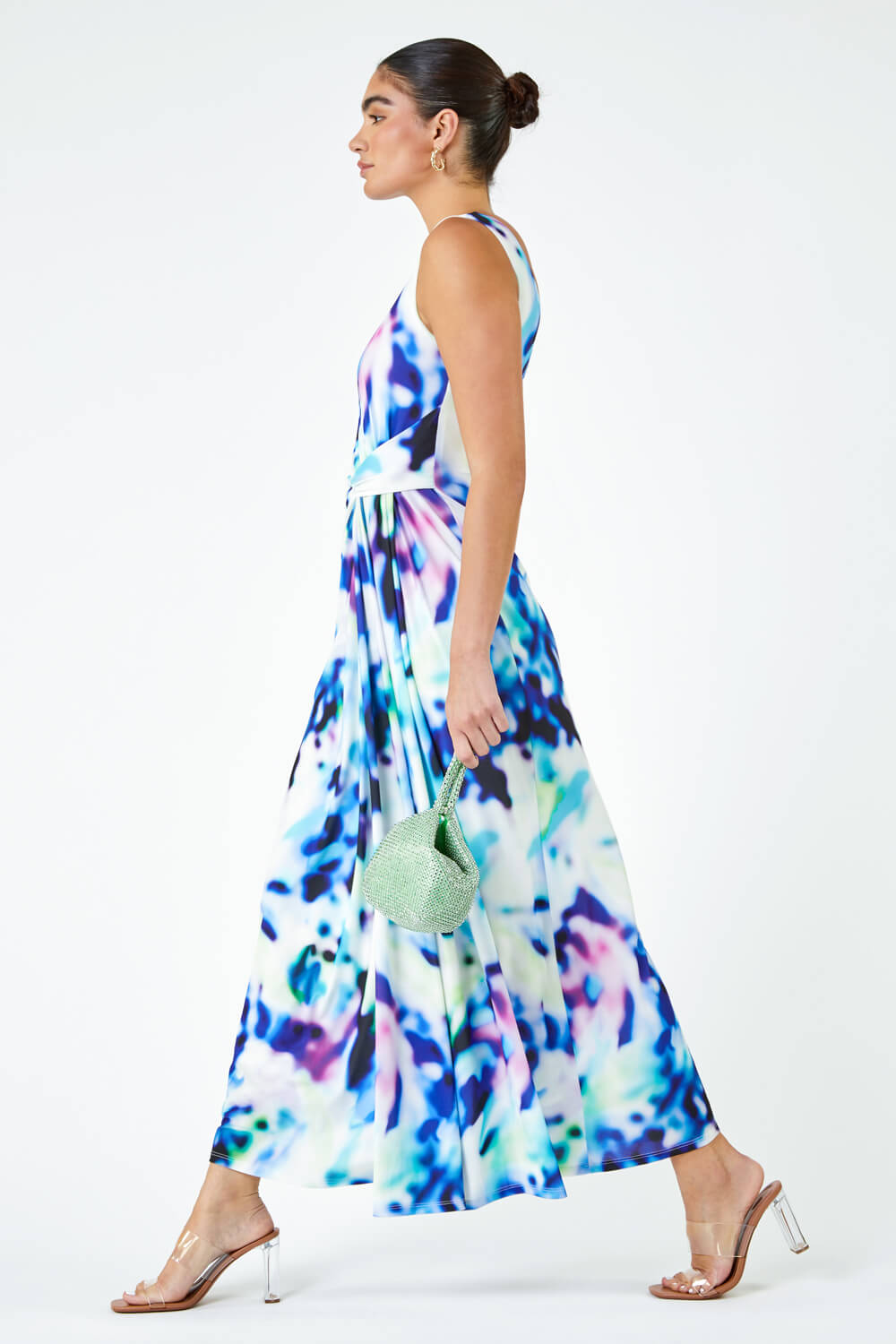 Blue Abstract Print Twist Drape Ruched Maxi Dress, Image 4 of 6