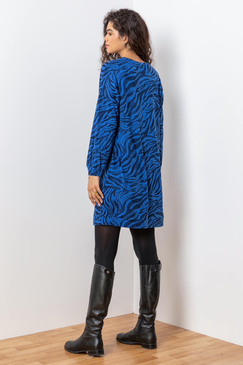 Royal Blue Animal Print Jacquard Sweater Dress, Image 2 of 5