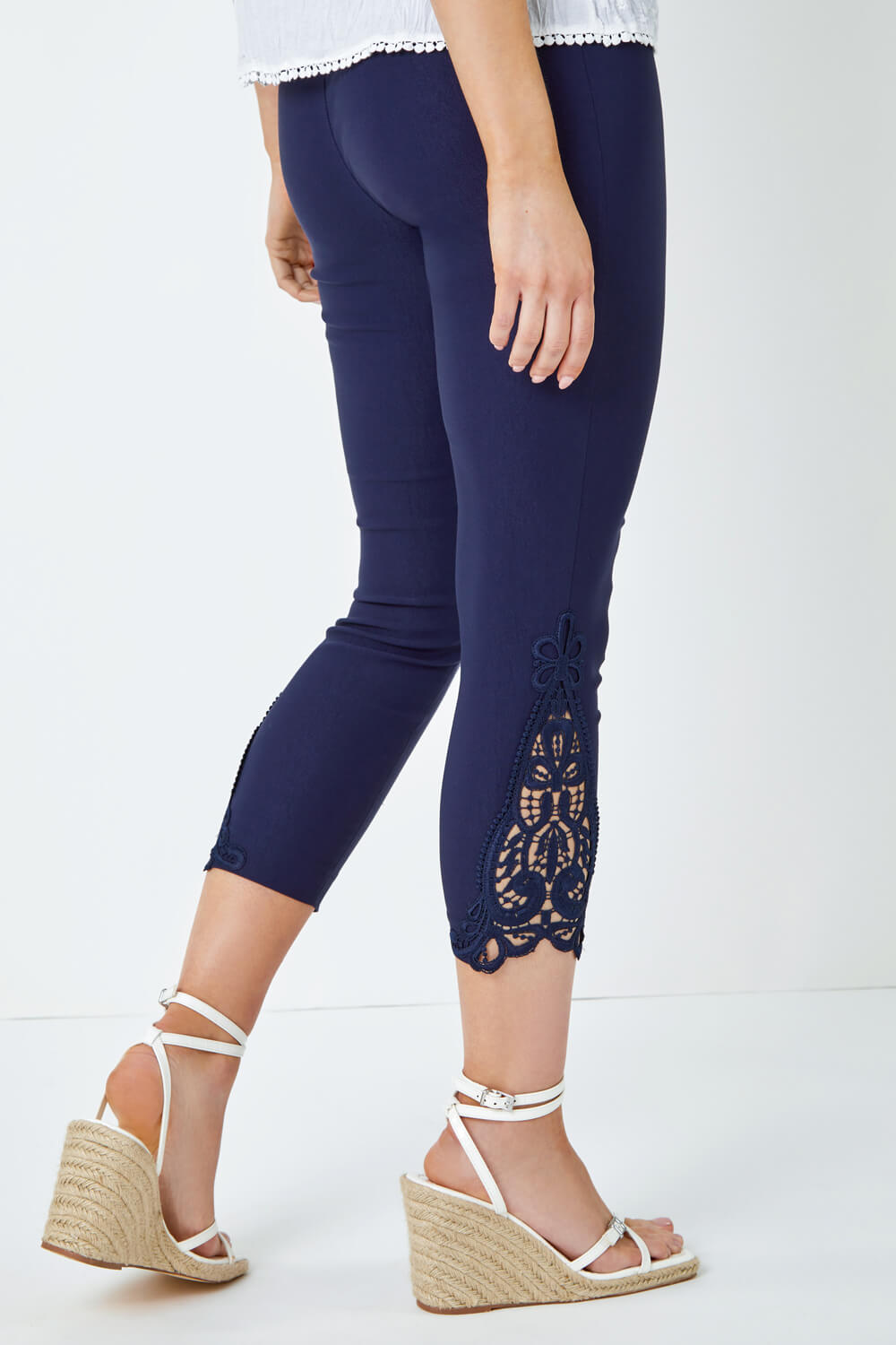 Navy  Lace Insert Crop Stretch Trousers, Image 3 of 5