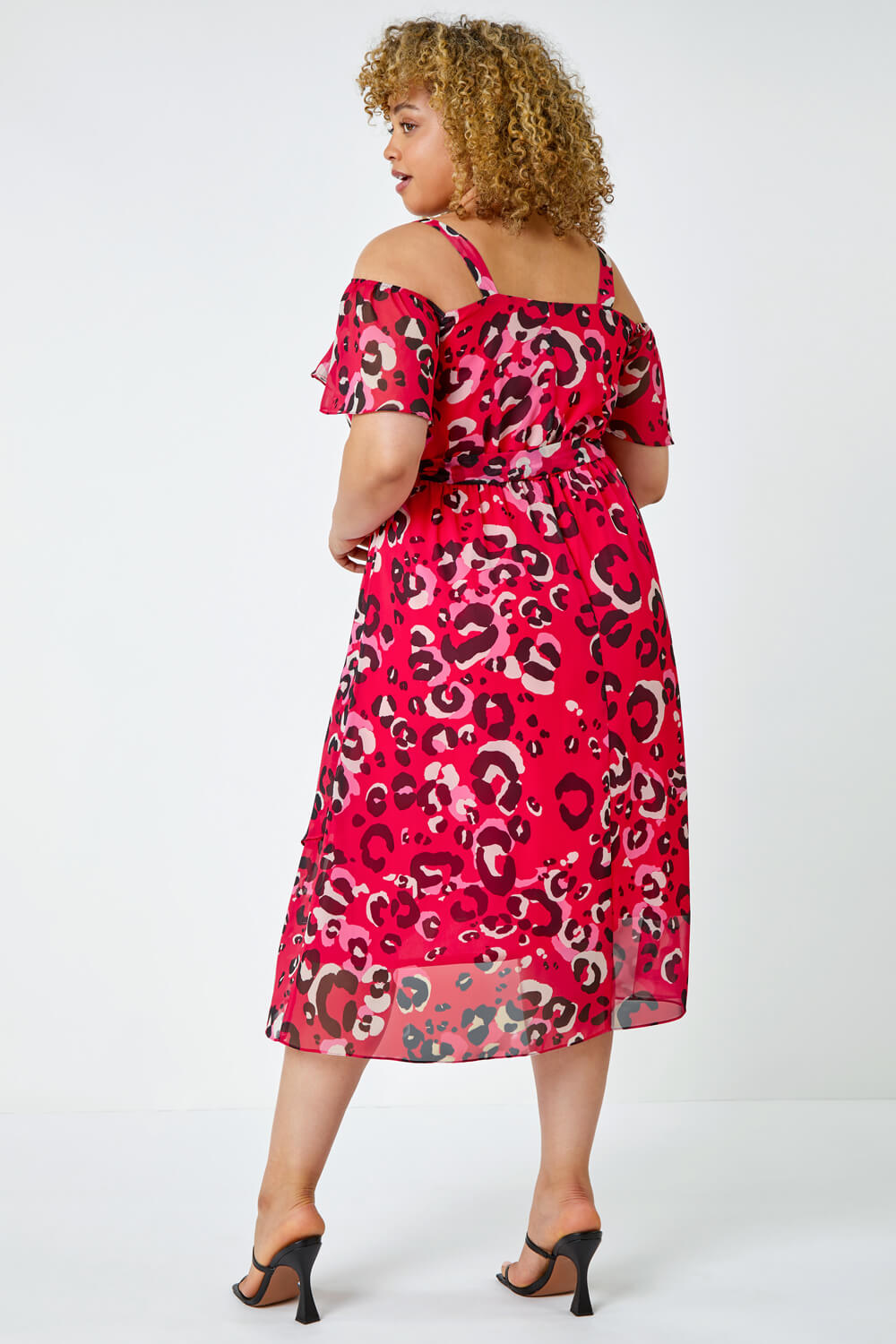 Fuchsia Curve Animal Cold Shoulder Frill Dress , Image 3 of 5