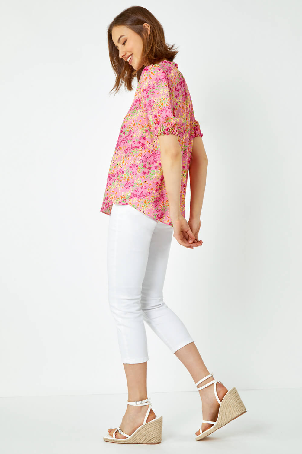 PINK Ditsy Floral Ruffle Neck Blouse, Image 3 of 5