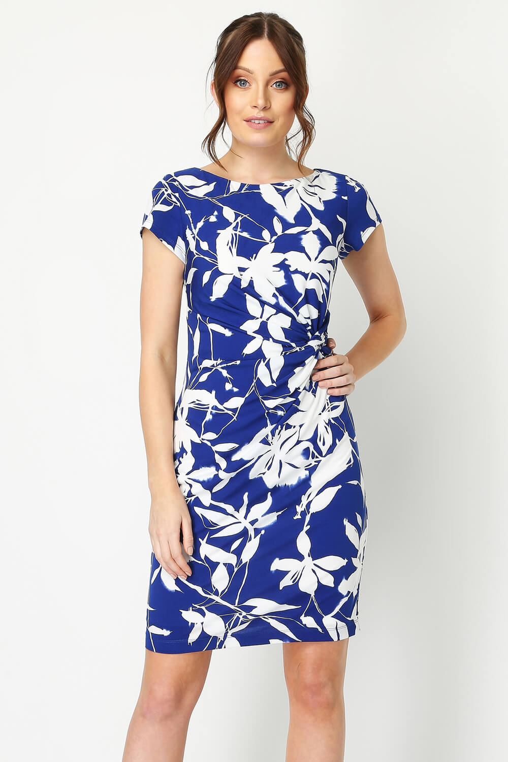 Floral Twist Waist Dress in Royal Blue - Roman Originals UK