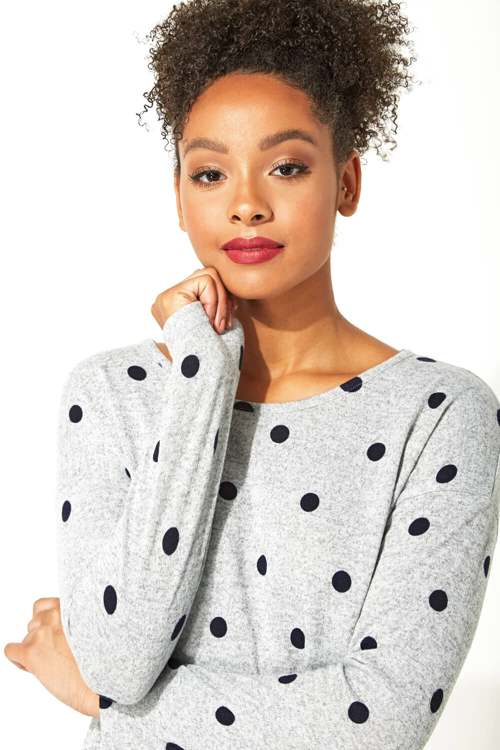 Grey Contrast Polka Dot Round Neck Long Sleeve Top, Image 4 of 4