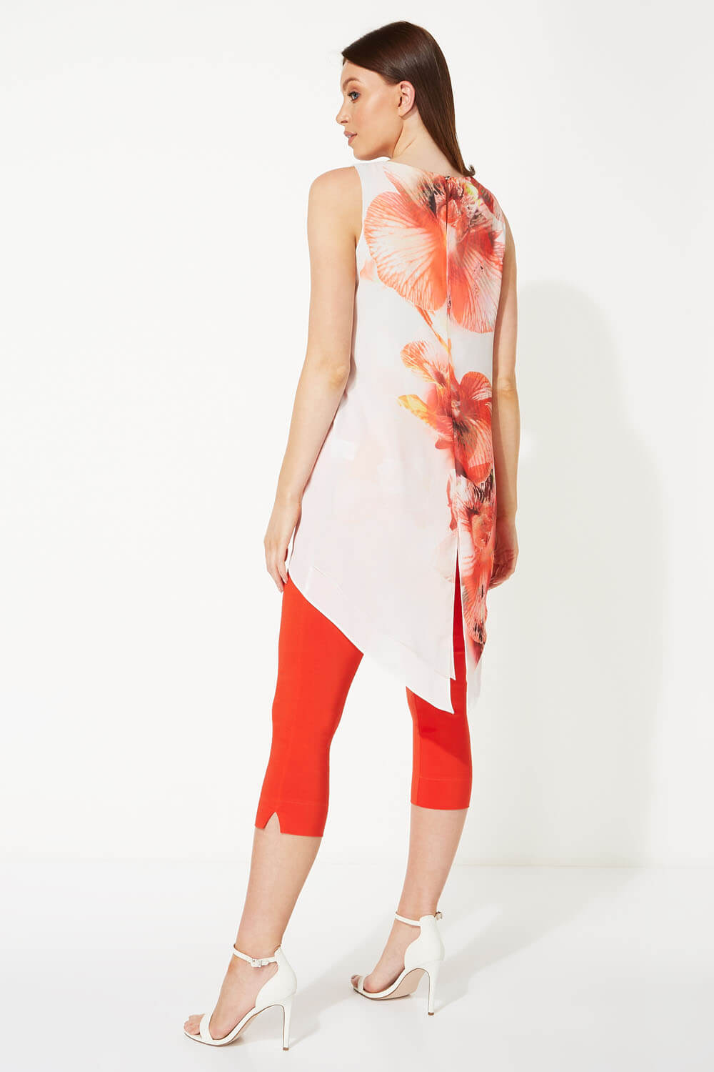 Red Floral Print Asymmetric Chiffon Top , Image 3 of 5