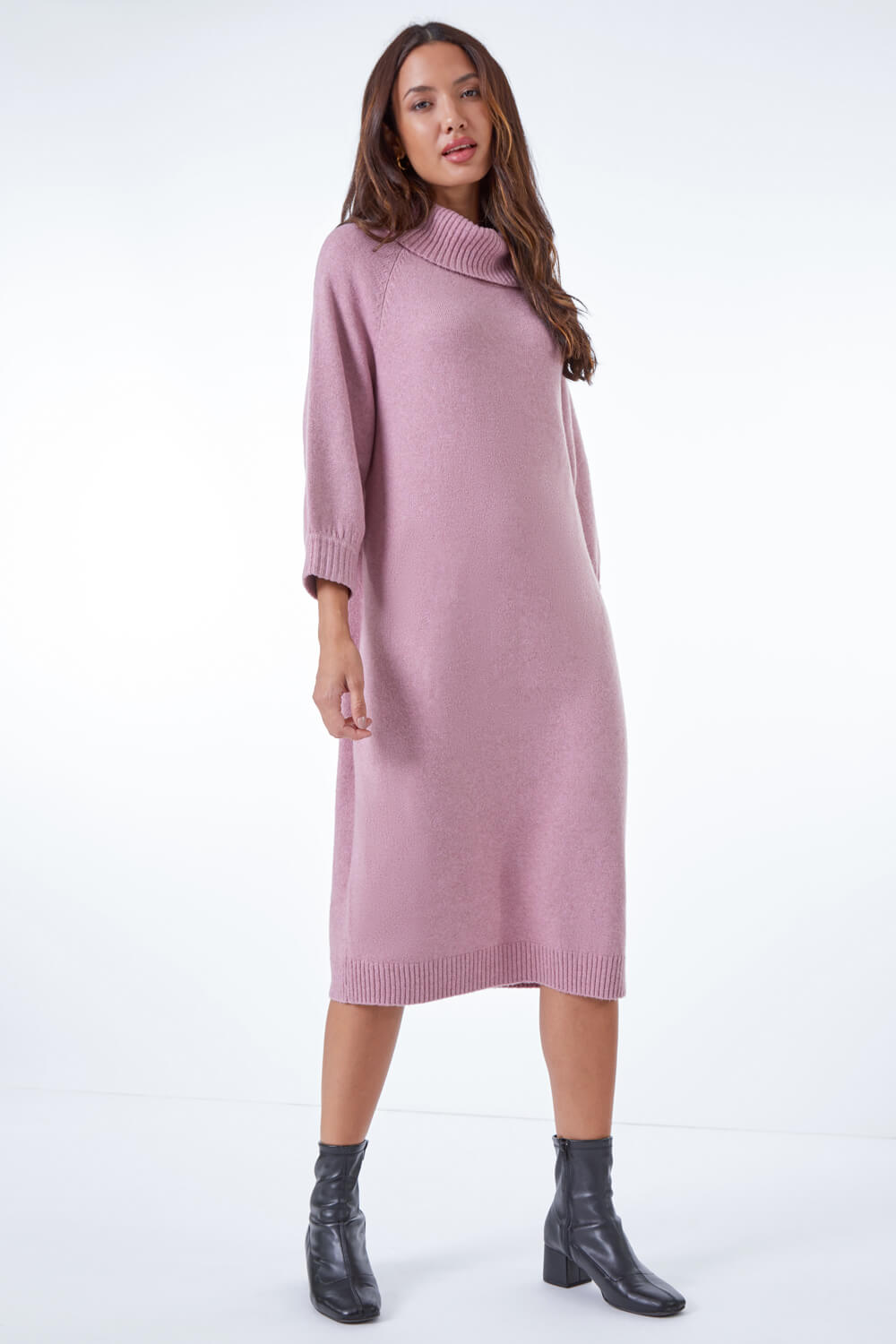 Light Pink Roll Neck Knitted Midi Dress, Image 2 of 5
