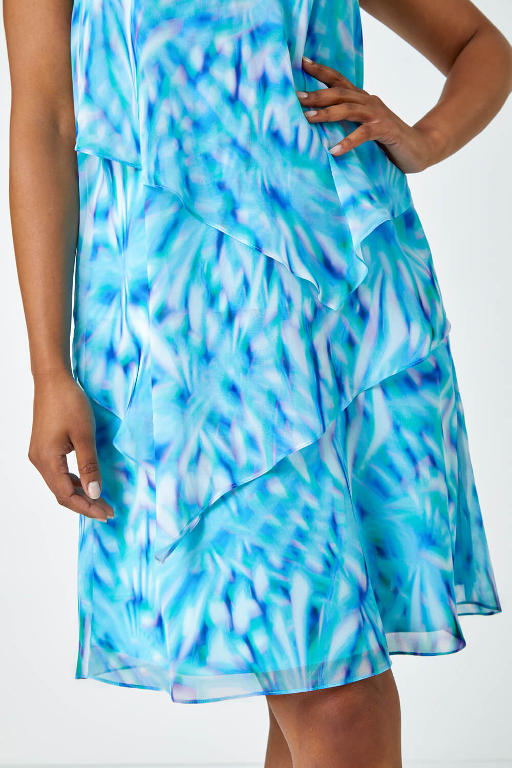 Turquoise Petite Abstract Tiered Chiffon Dress, Image 5 of 5