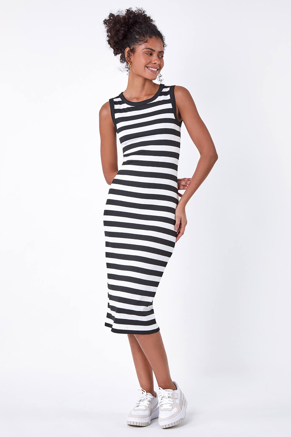 Black Ribbed Stripe Stretch Midi Dress, Image 2 of 7