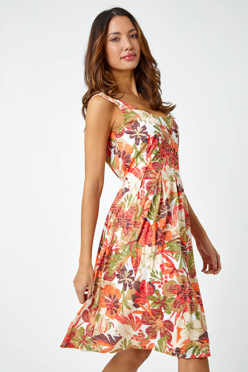 Sleeveless Tropical Pleated Stretch Dress 