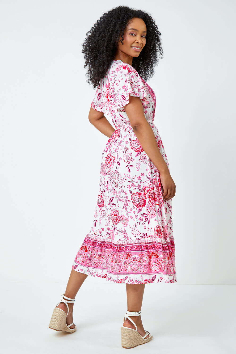 PINK Petite Floral Print Tiered Boho Dress, Image 3 of 5