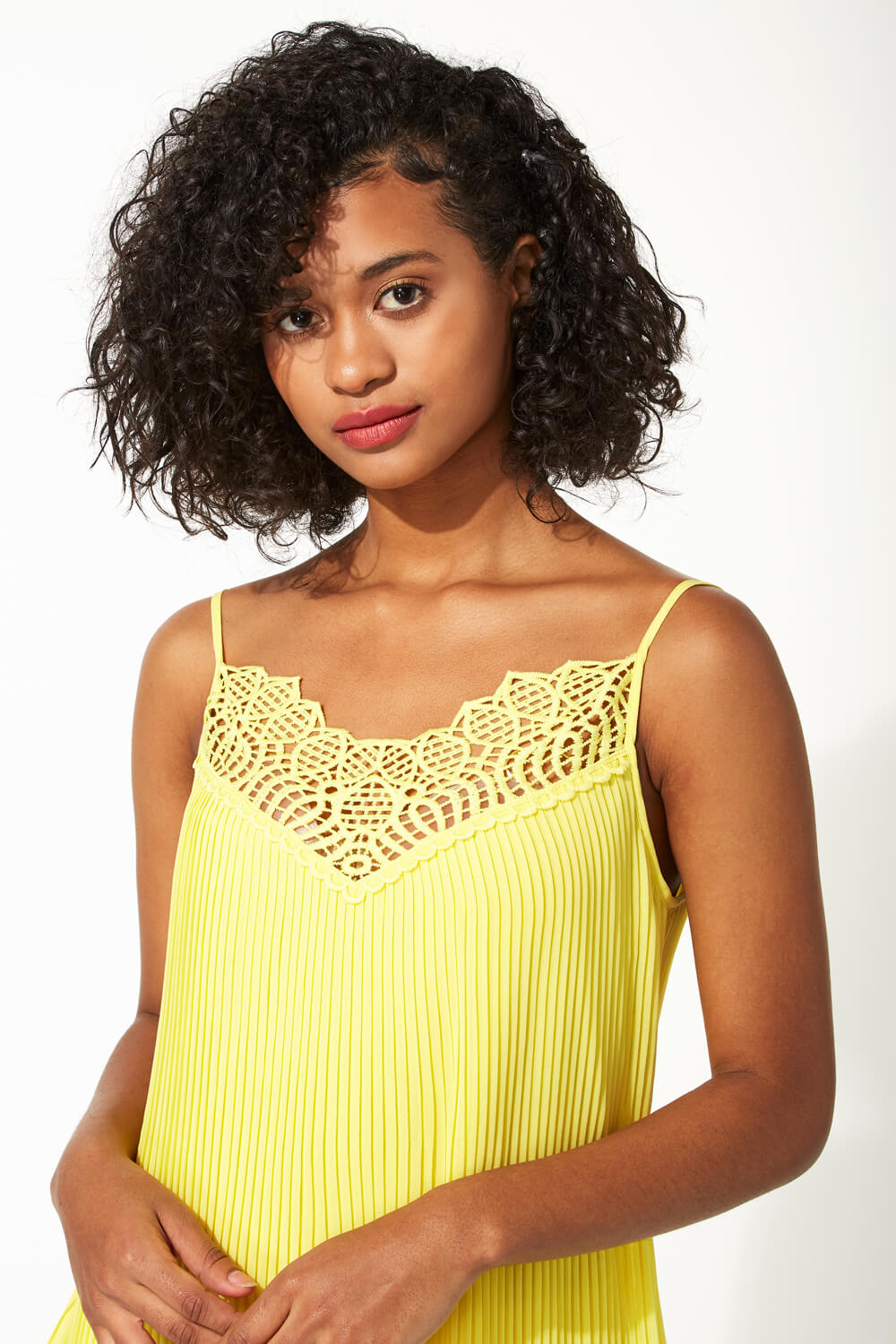 Yellow Pleated Lace Trim Cami Top, Image 4 of 5