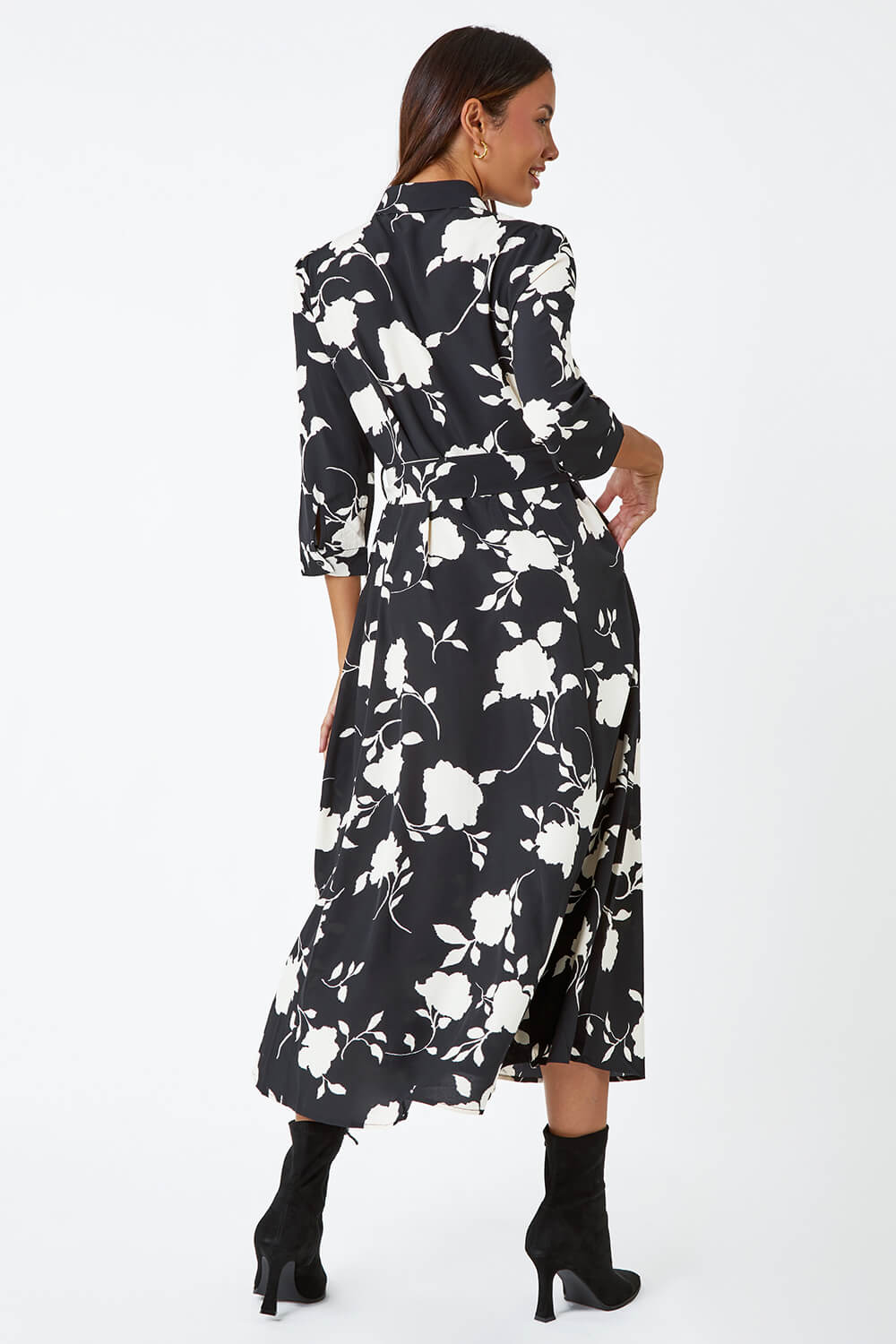 Black Floral Print Midi Shirt Stretch Dress, Image 2 of 5