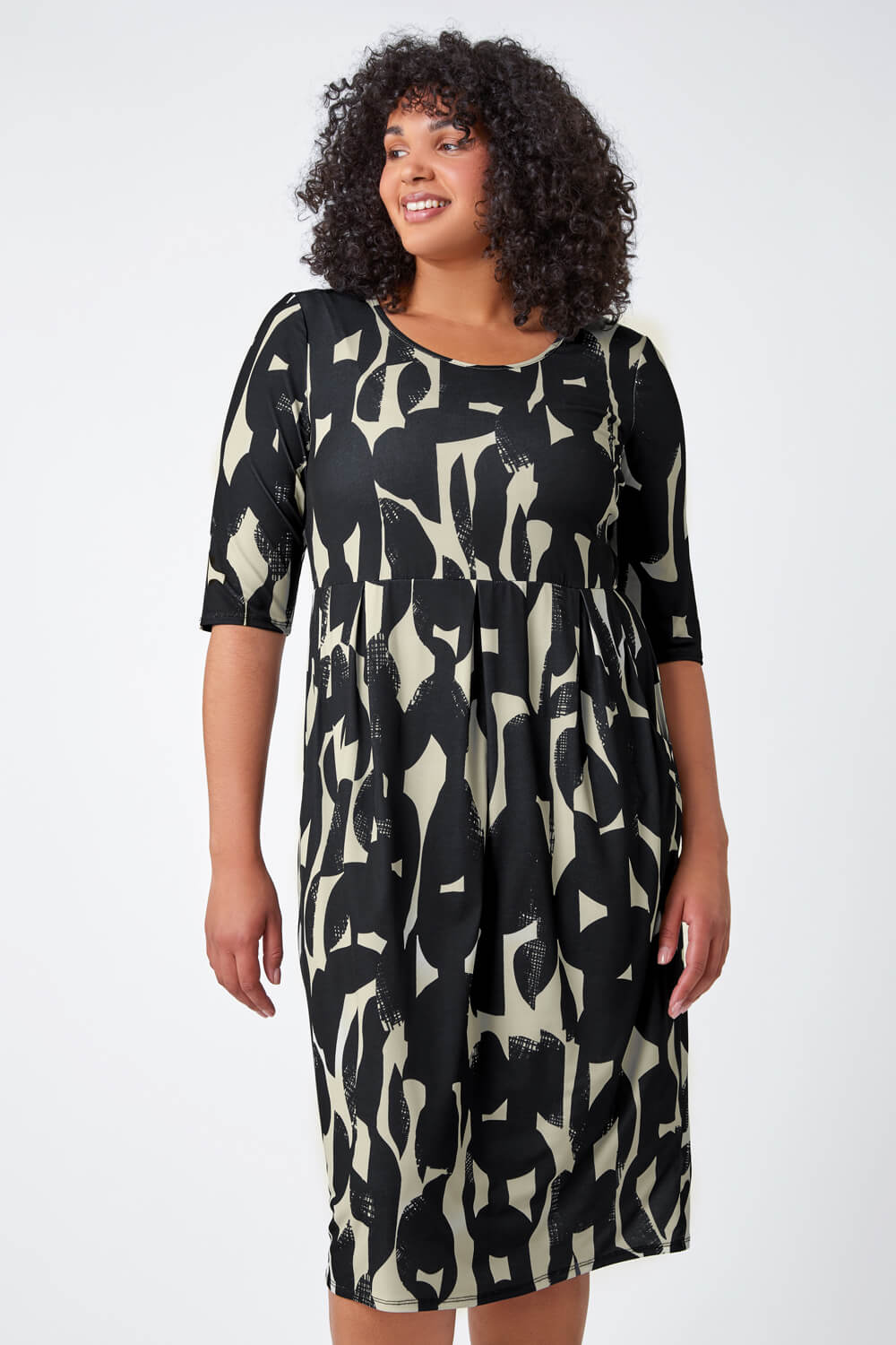 Black Curve Abstract Print Stretch Dress, Image 4 of 5