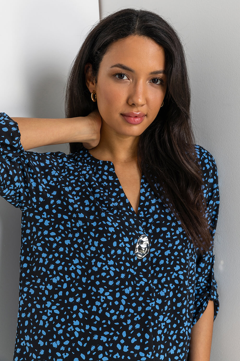 Blue Abstract Print 3/4 Sleeve Longline Top, Image 5 of 5