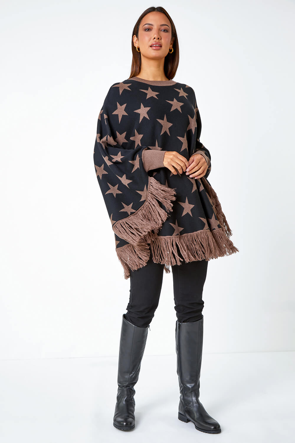 Camel  Star Print Wool Blend Fringed Poncho, Image 2 of 5