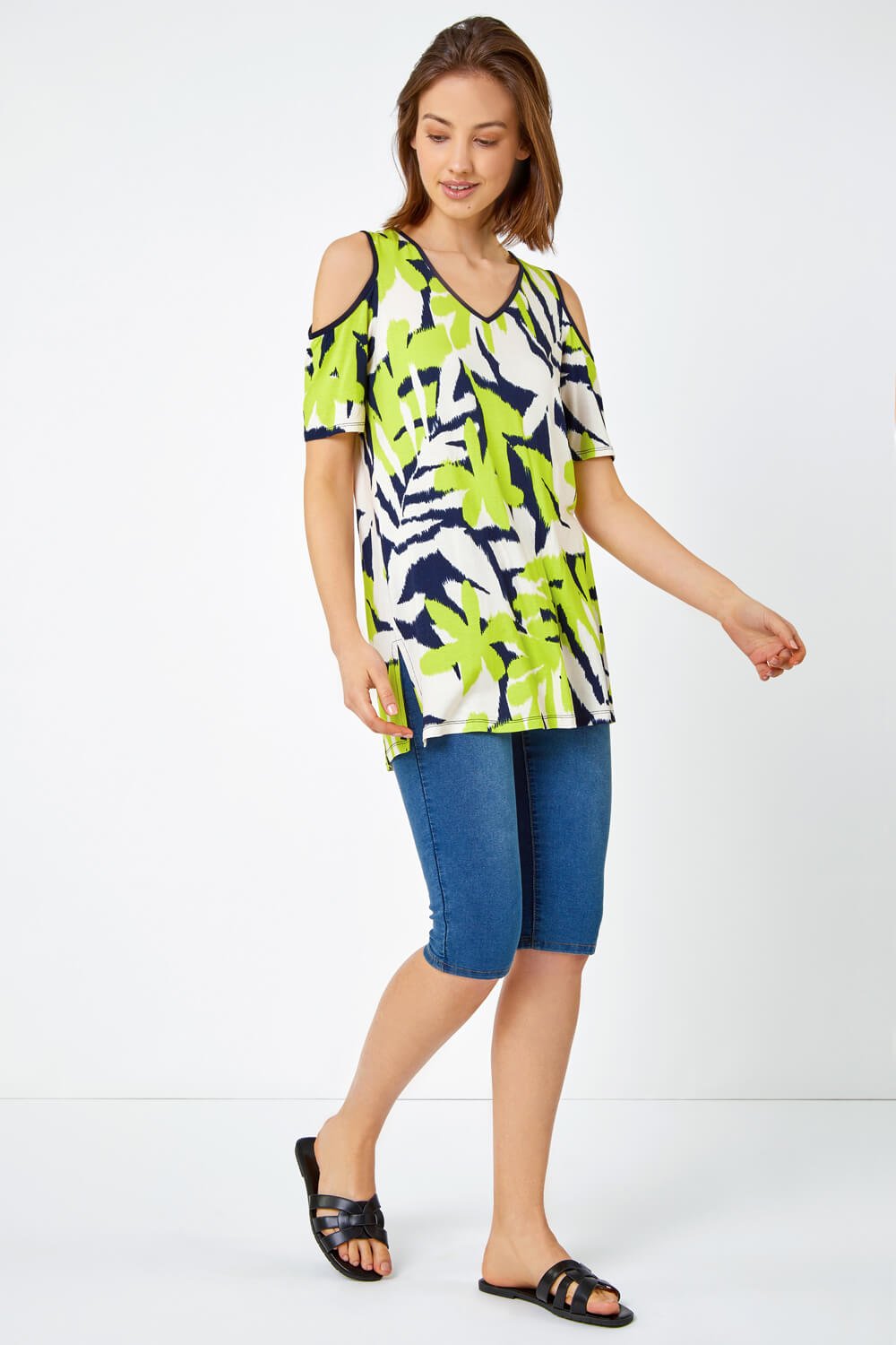 Lime Leaf Print Cold Shoulder Top | Roman UK