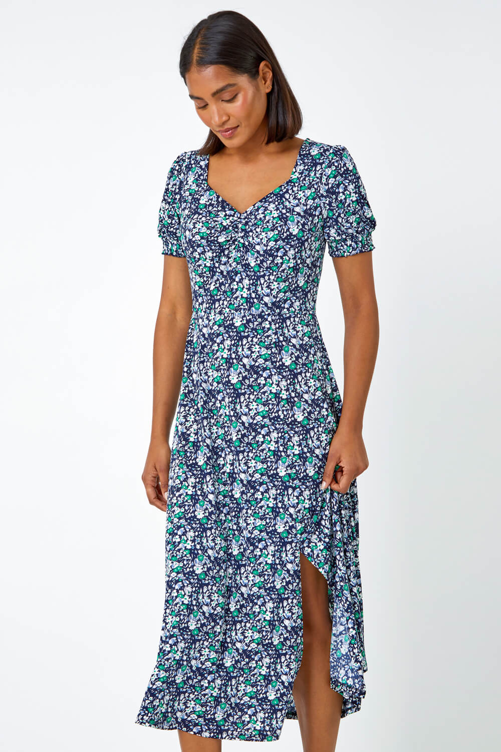 Green Ditsy Floral Ruched Stretch Midi Dress | Roman UK