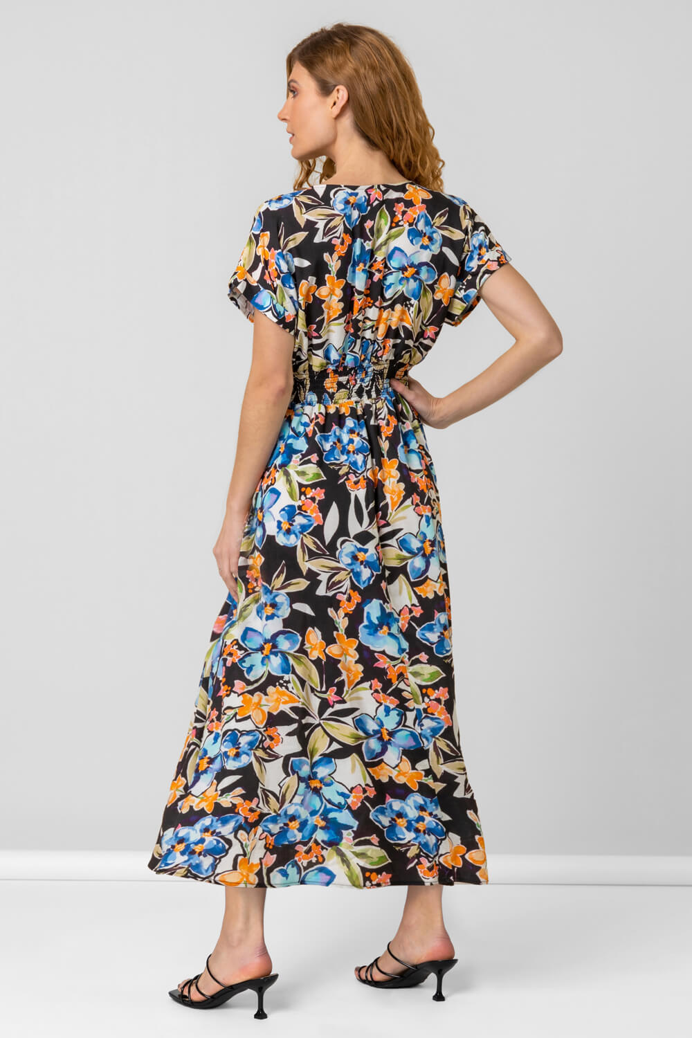 Black Tropical Floral Shirred Waist Midi Dress, Image 2 of 4