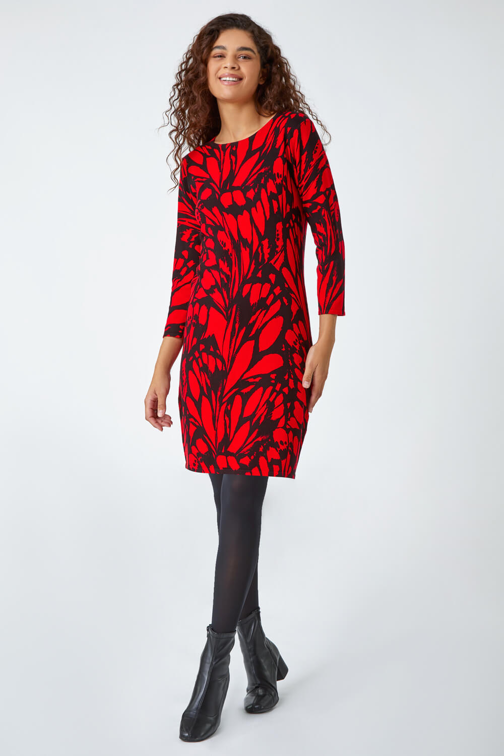 Red Butterfly Print Knitted Stretch Dress, Image 2 of 5