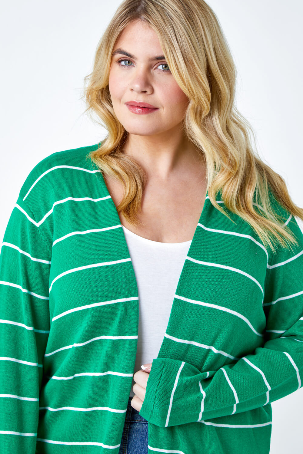 Green Curve Stripe Cotton Blend Longline Cardigan, Image 4 of 5