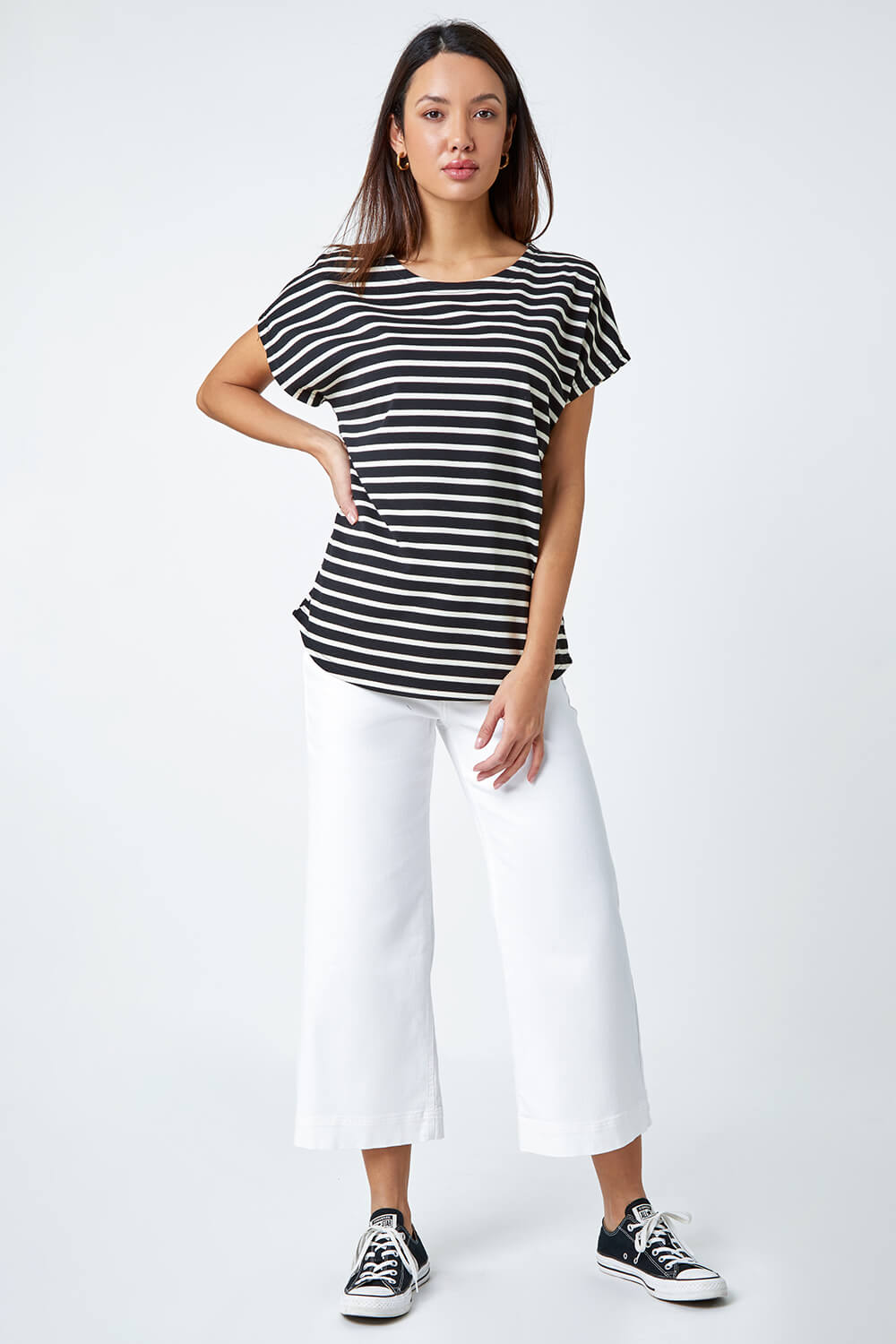 Black Cotton Blend Stripe Print T-Shirt, Image 2 of 5