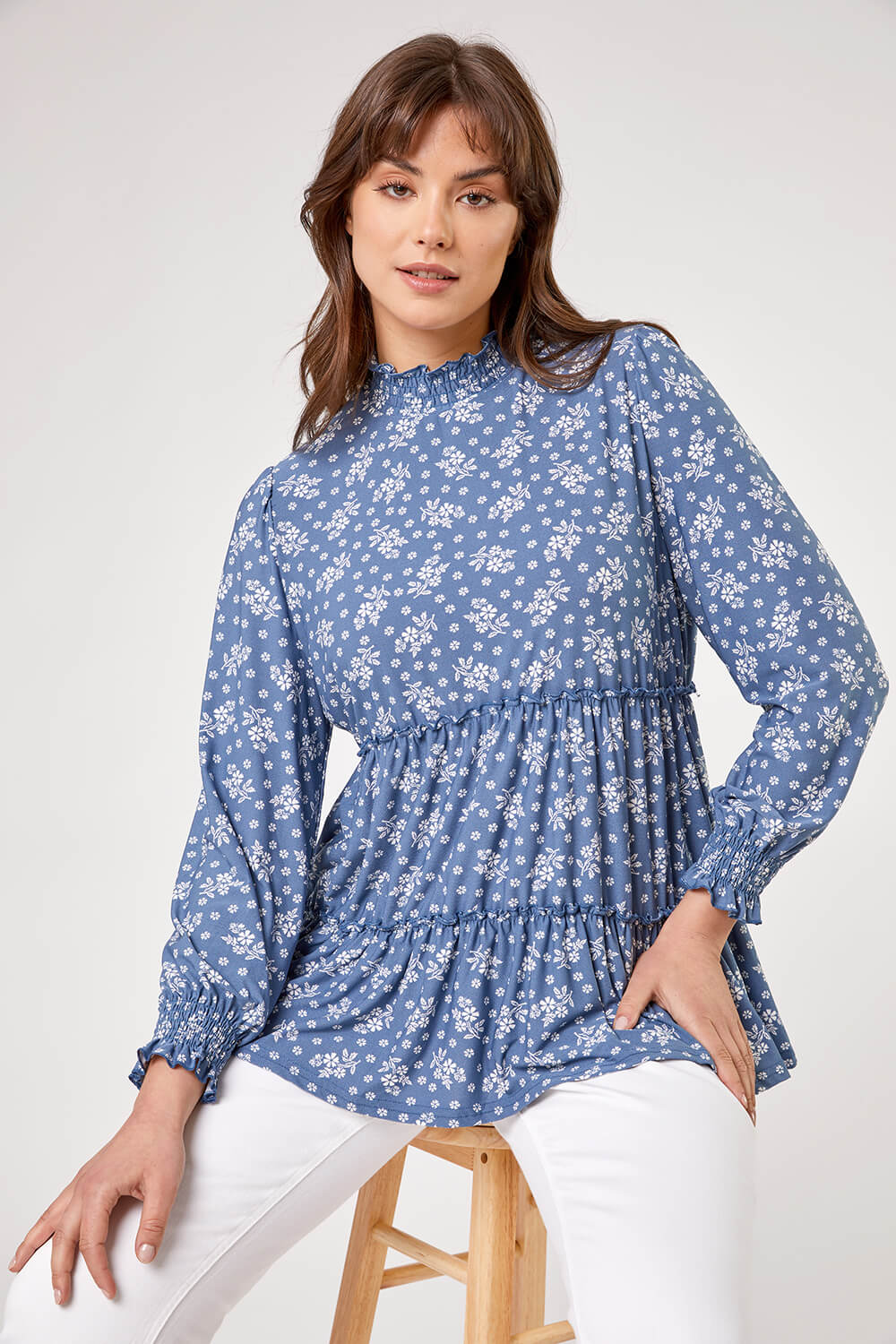 Blue Curve Tiered Floral Print Top, Image 4 of 5