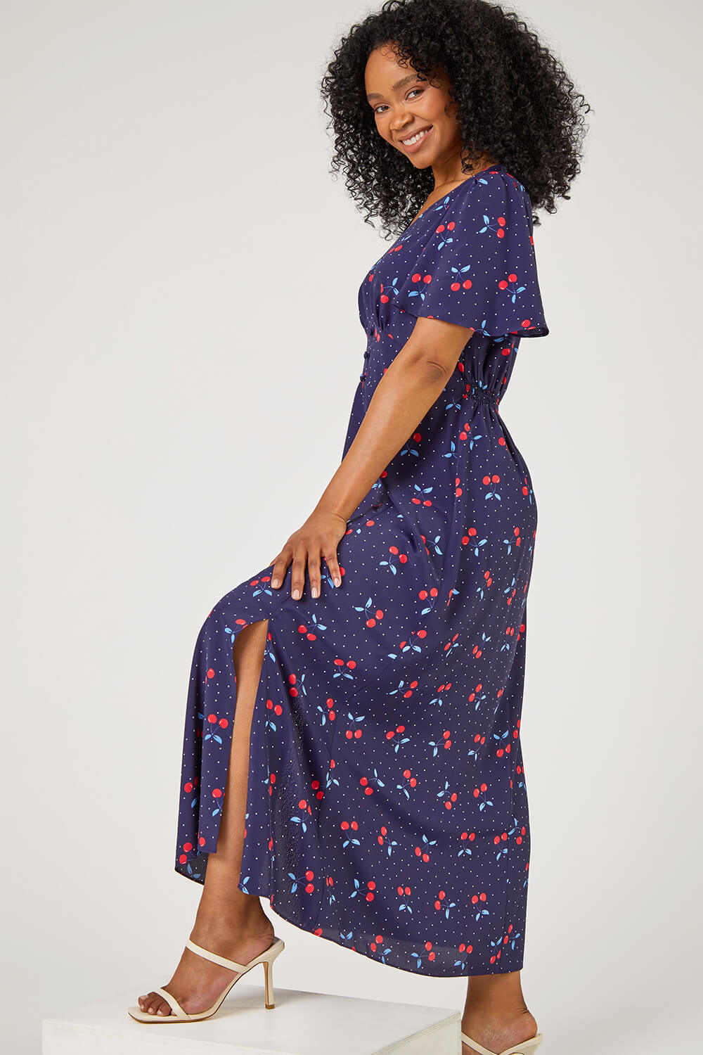 Navy  Petite Cherry Spot Print Fit & Flare Dress, Image 5 of 5