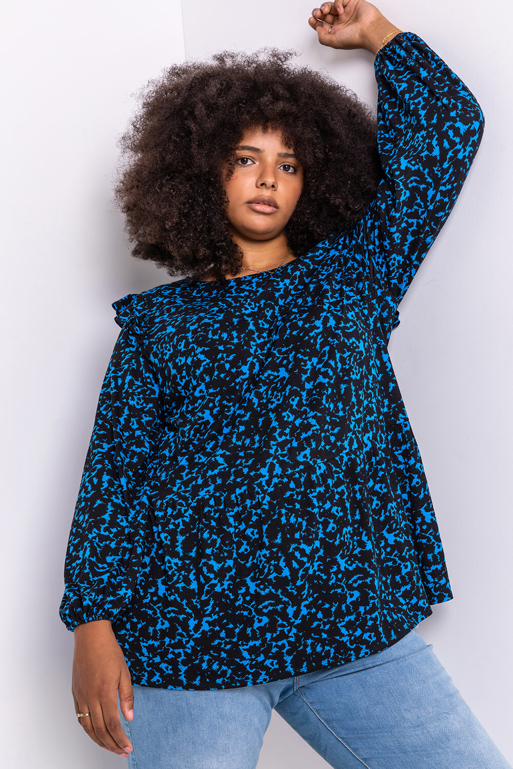 Royal Blue Curve Abstract Animal Frill Detail Tunic, Image 4 of 5