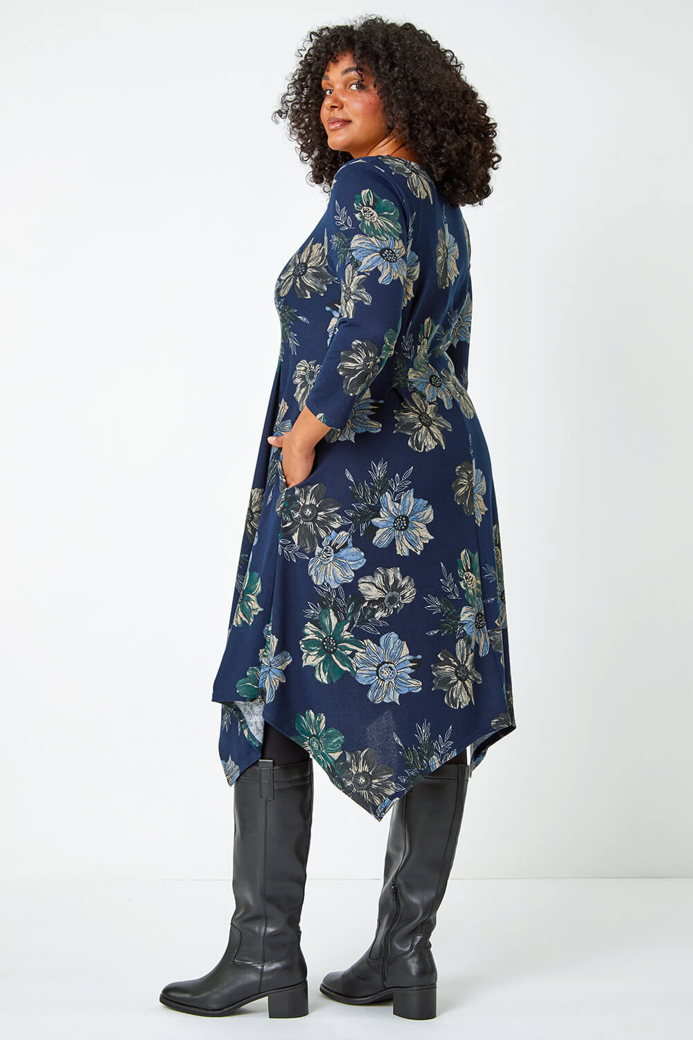 Navy  Curve Floral Print Tunic Stretch Dress, Image 3 of 5