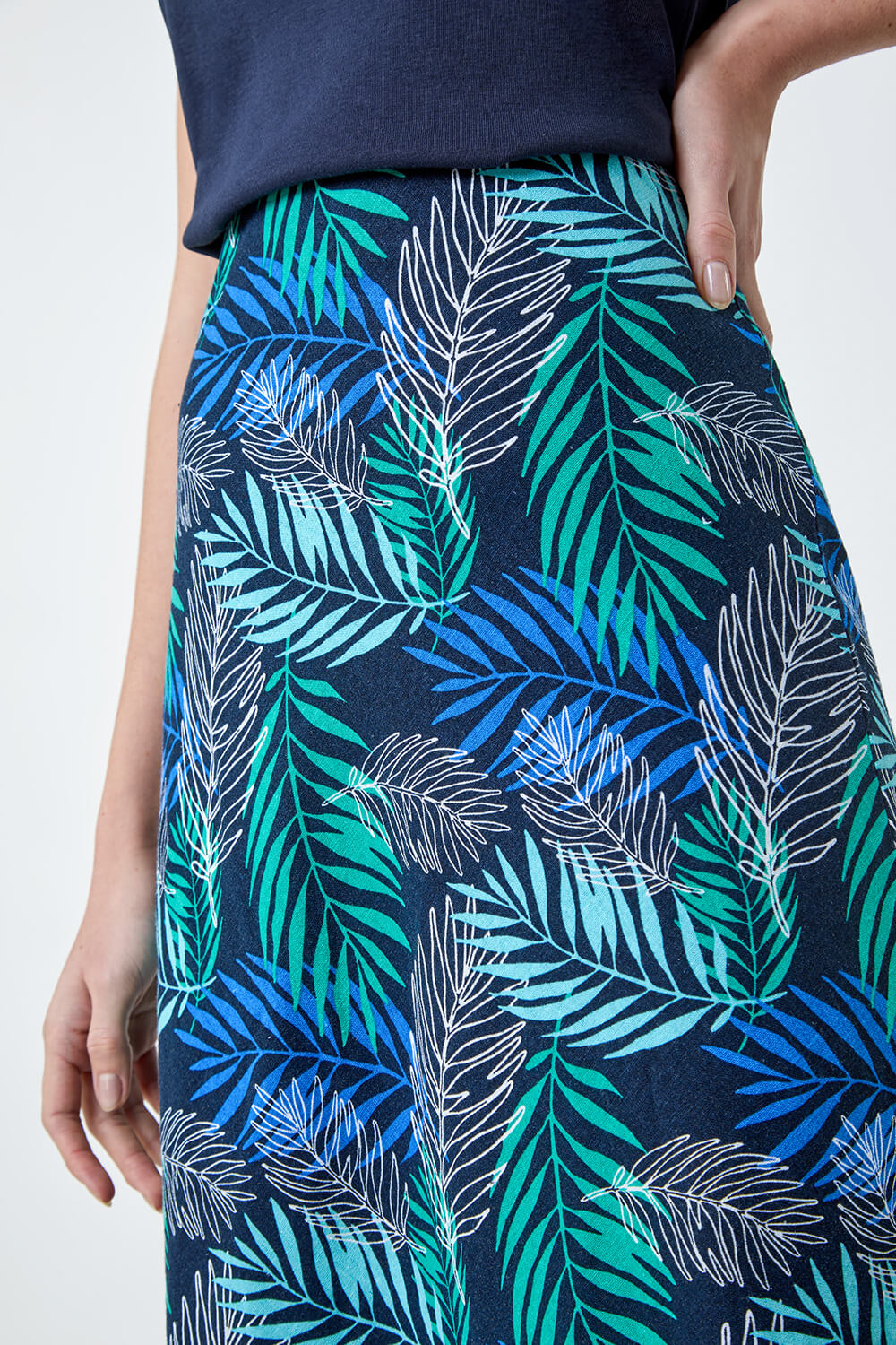 Blue Leaf Print Linen Blend A-Line Skirt, Image 5 of 5