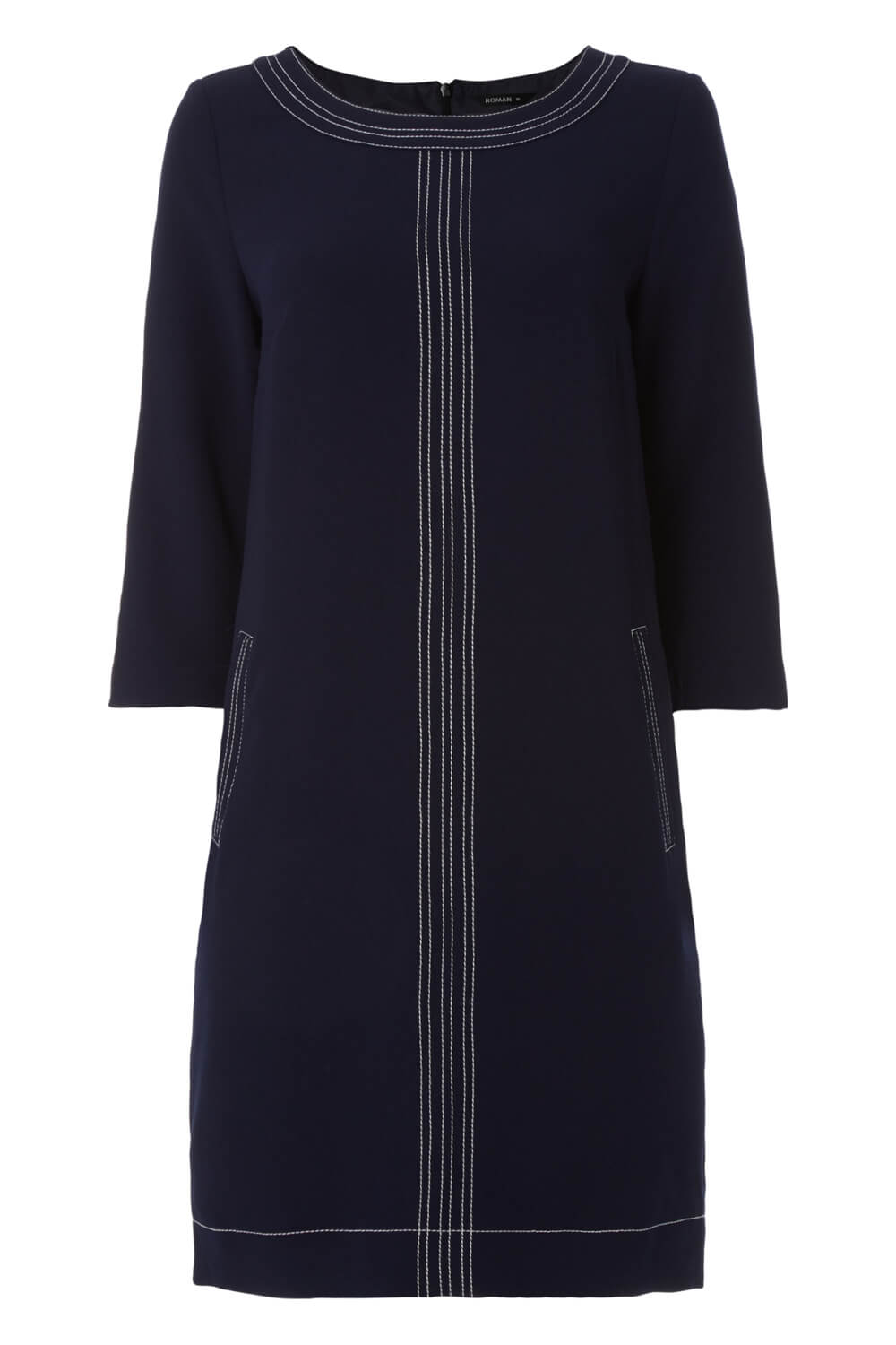 3/4 Sleeve Top Stitch Shift Dress in Navy - Roman Originals UK
