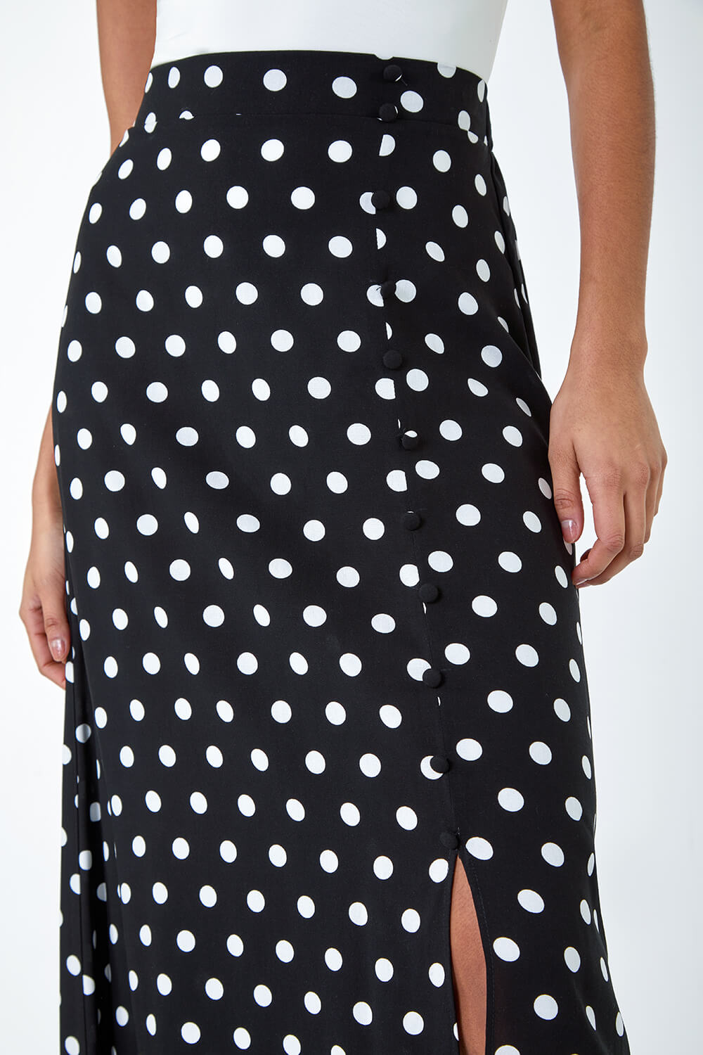Black Polka Dot Button Detail Midi Skirt, Image 5 of 5