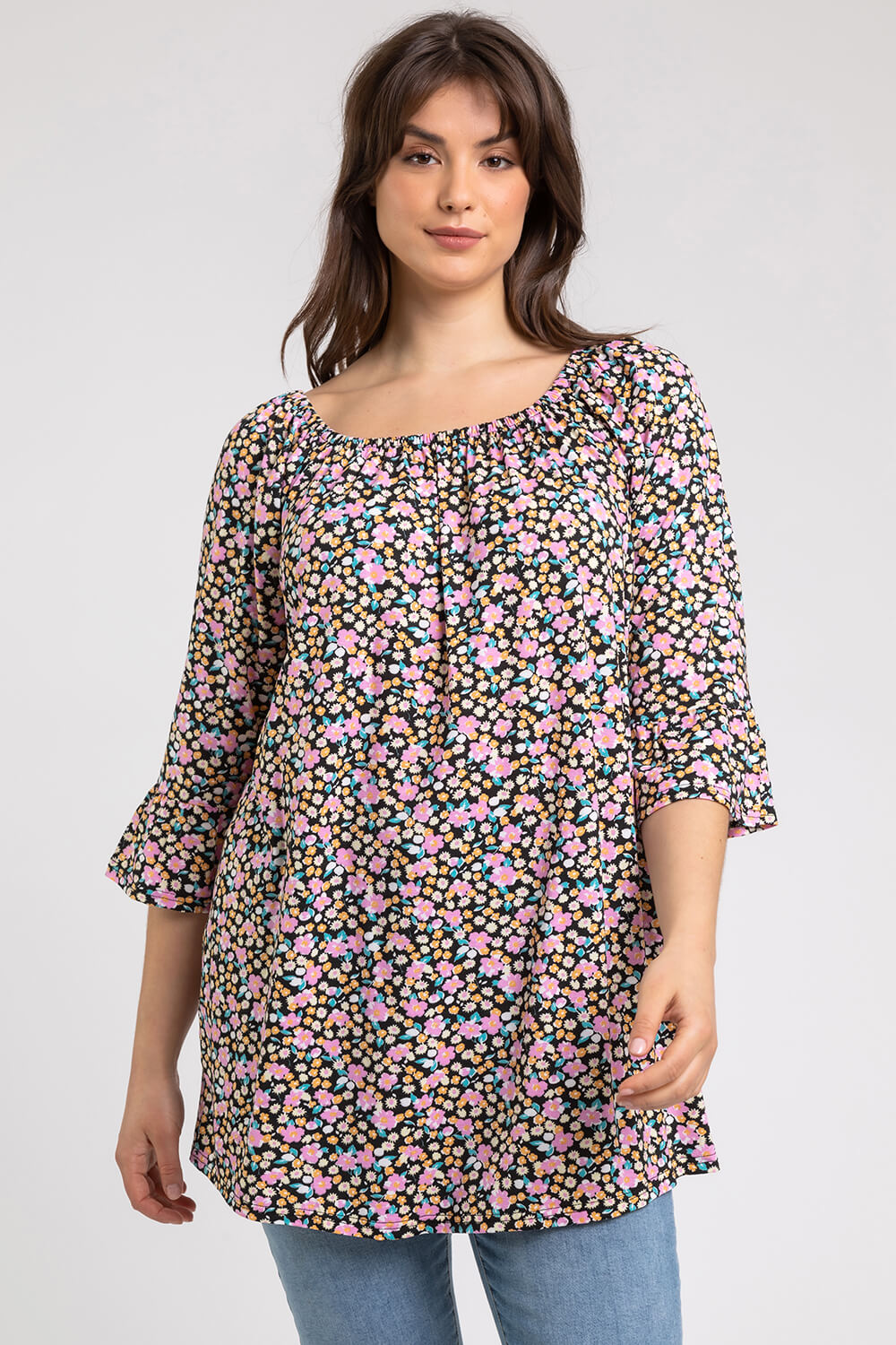 Curve Ditsy Floral Frill Sleeve Top
