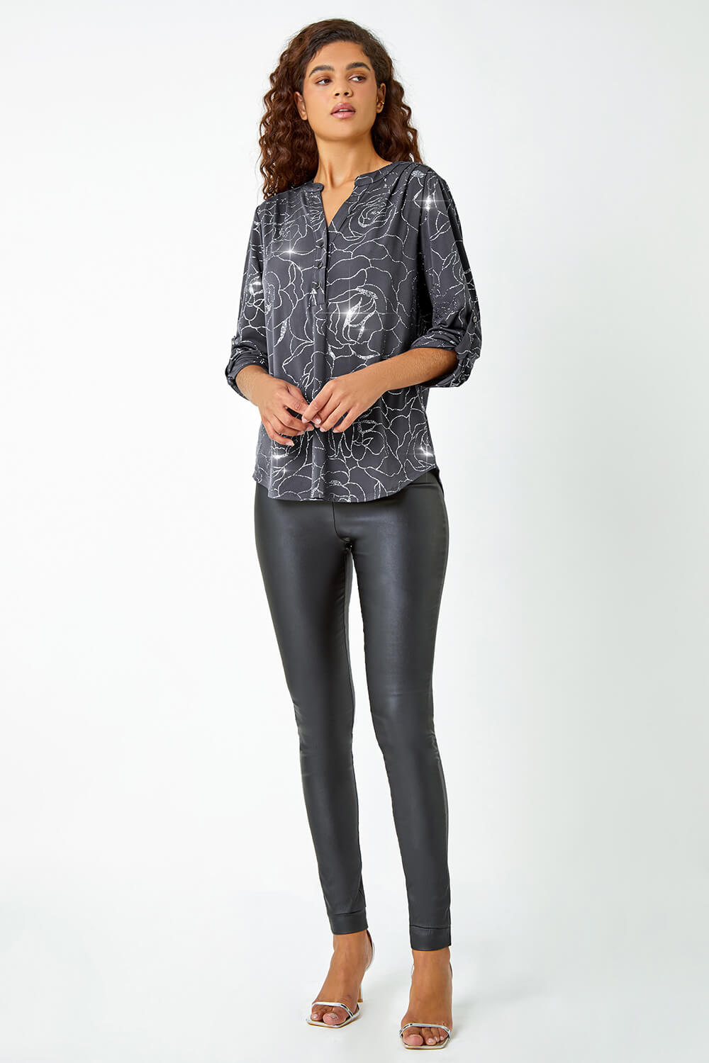 Grey Metallic Linear Floral Stretch Shirt, Image 2 of 5