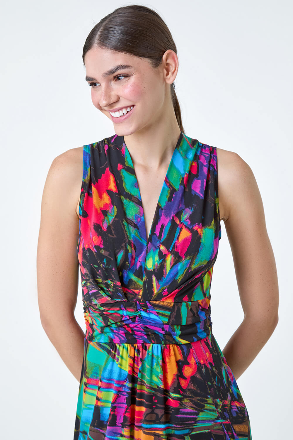 Multi Coloured Tropical Print Ruched Maxi Dress, Image 4 of 5