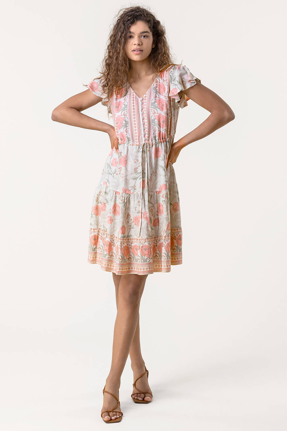 Multi  Floral Border Print Tiered Dress, Image 3 of 5