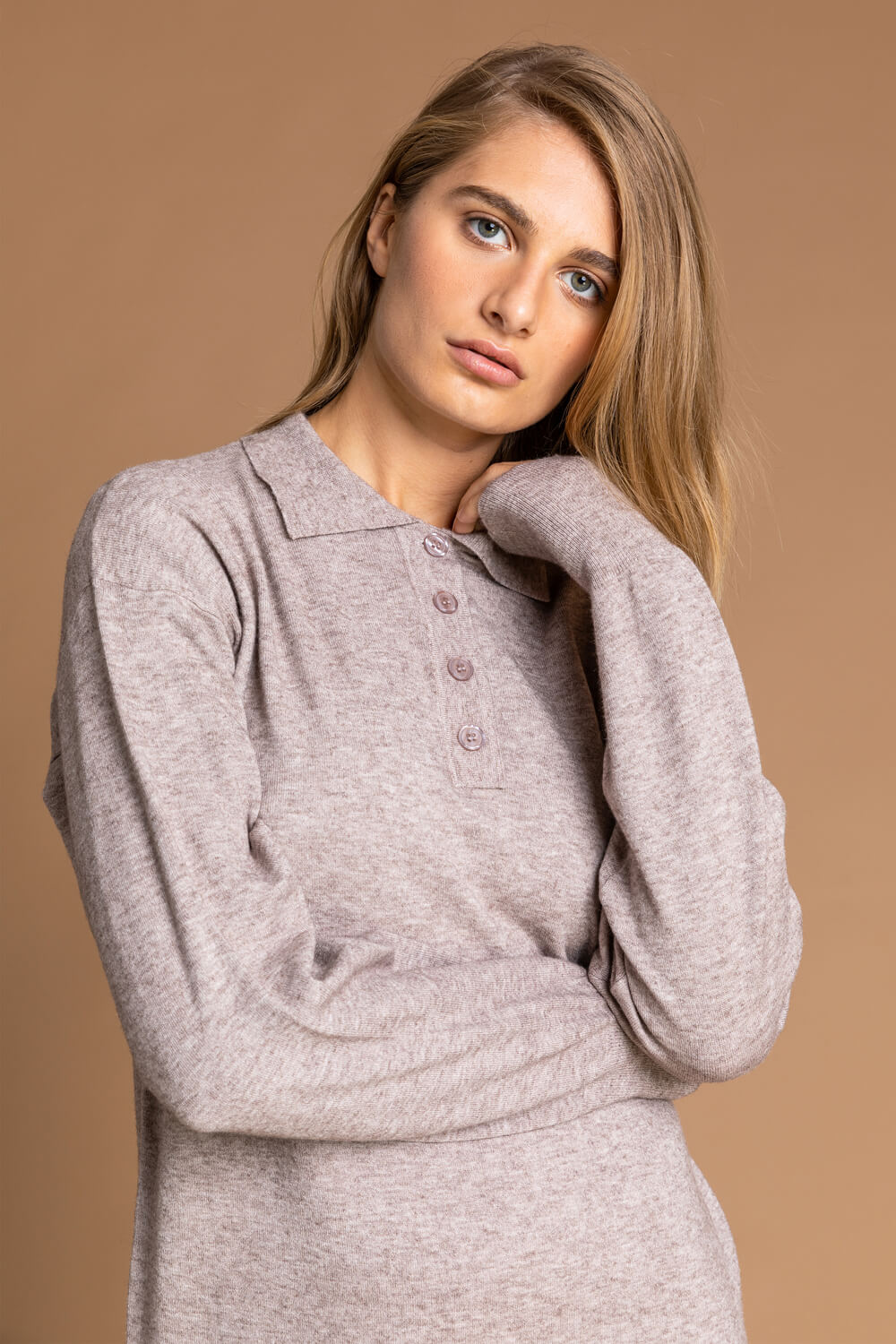 Taupe Polo Neck Knitted Midi Dress, Image 5 of 5