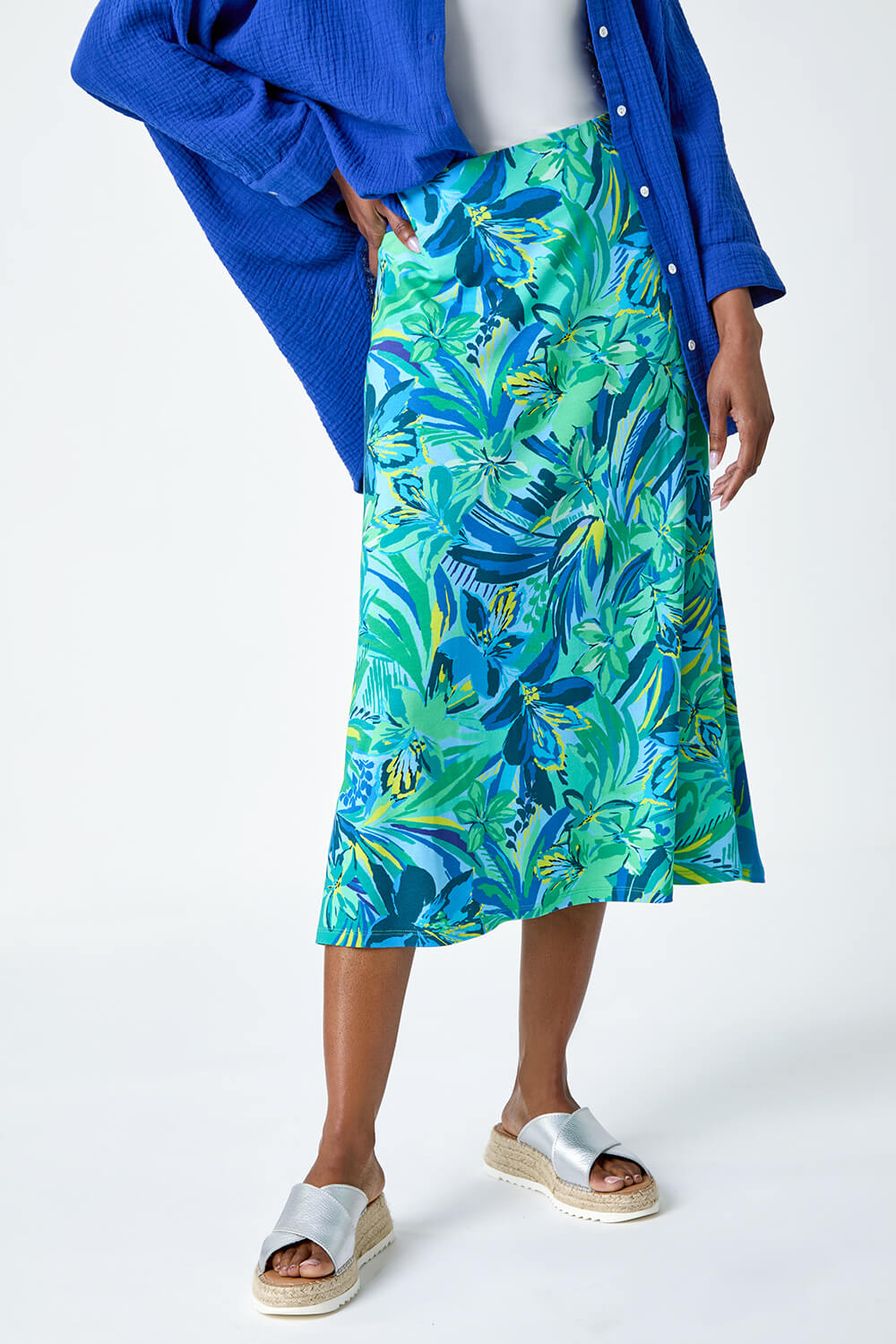 Green Tropical Floral Stretch Panel Skirt, Image 4 of 5