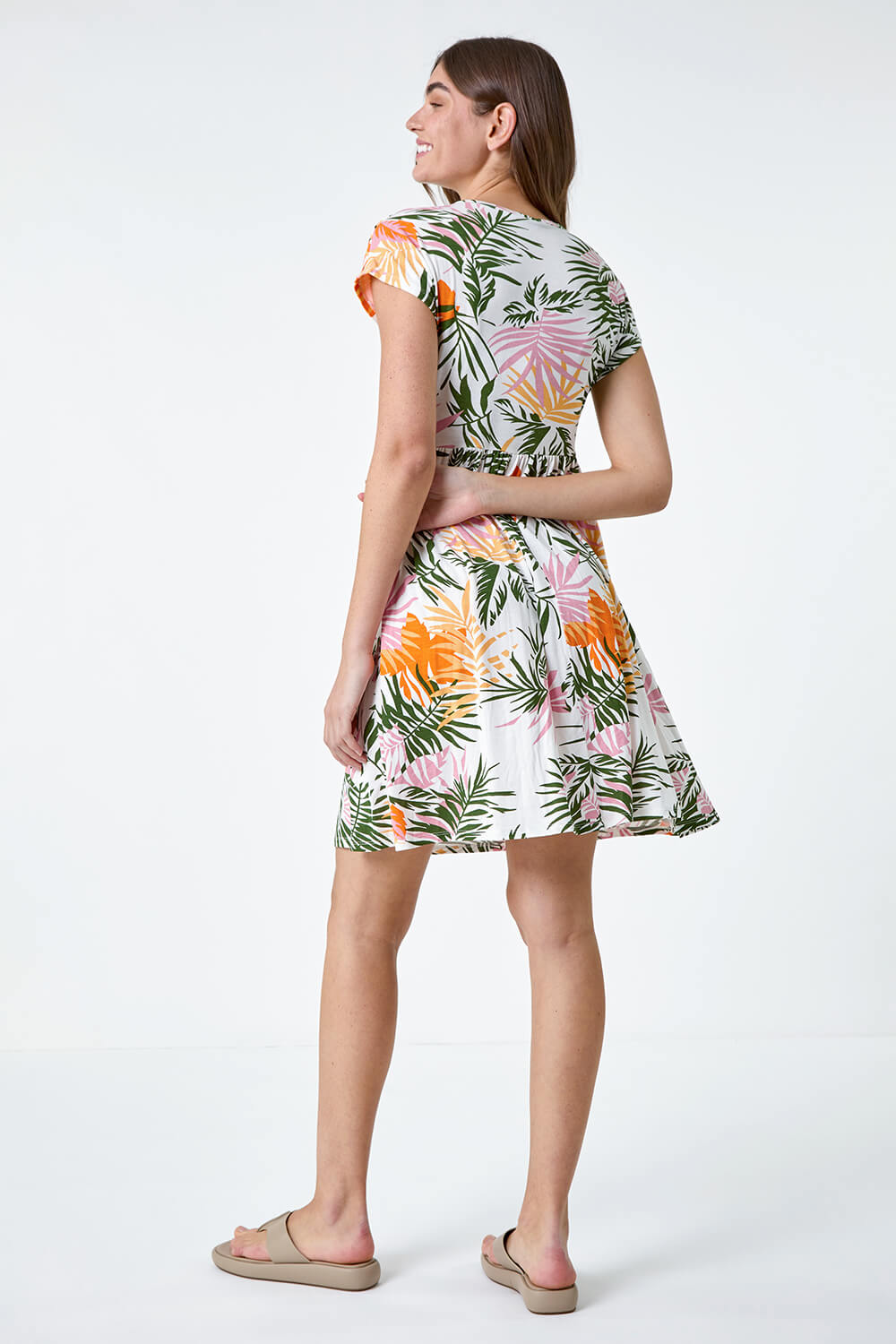 Green Tropical Floral Gathered Stretch Dress, Image 3 of 5