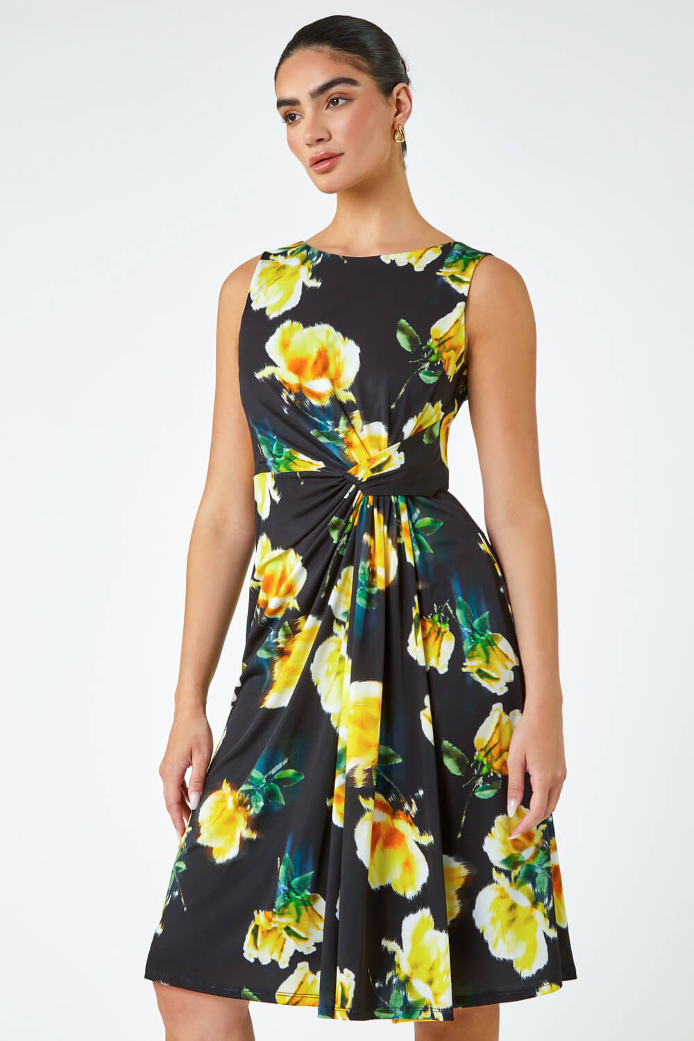Black LIMITED Floral Twist Detail Ruched Dress, Image 3 of 5
