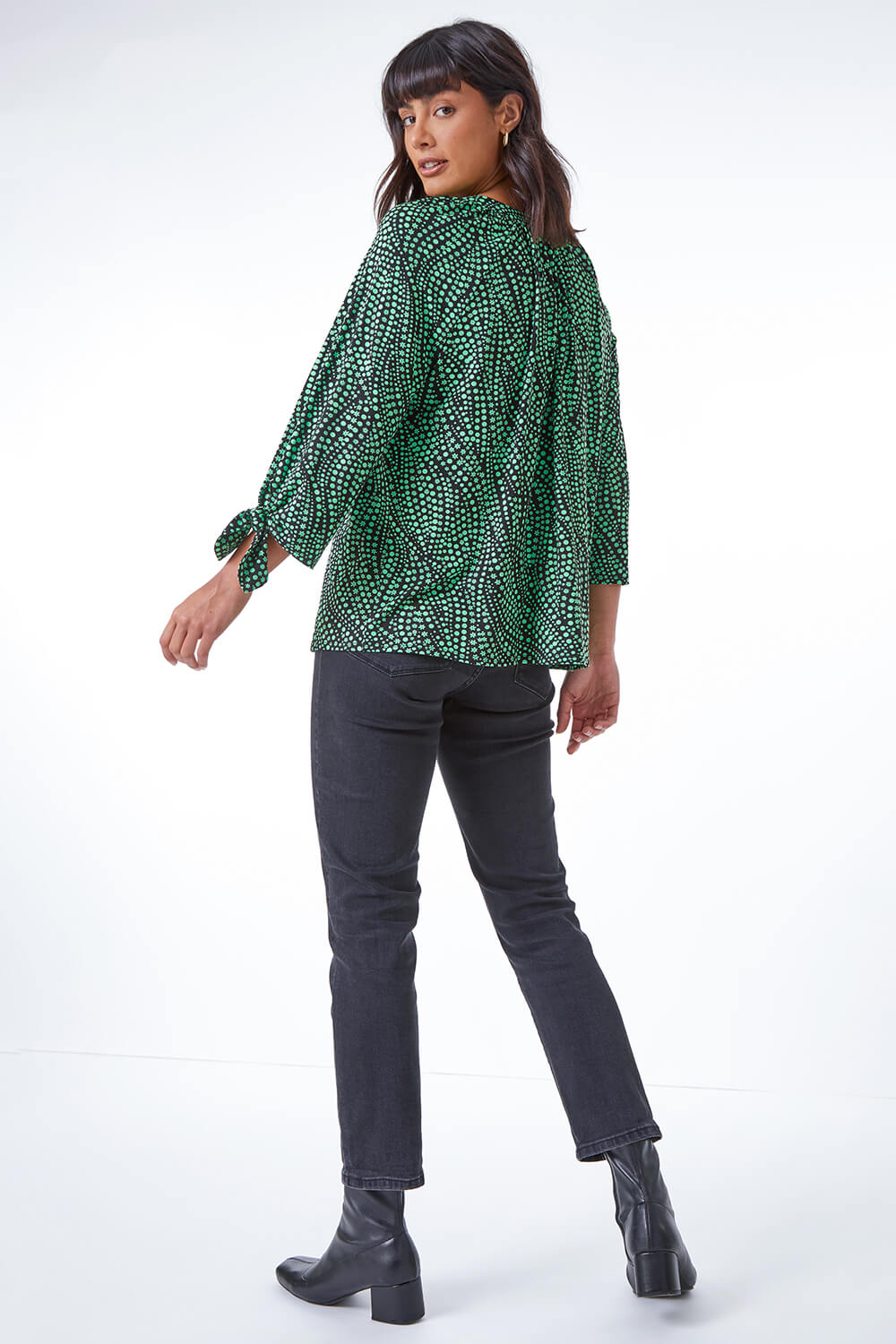 Ditsy Bow Tie Sleeve Top in Green - Roman Originals UK