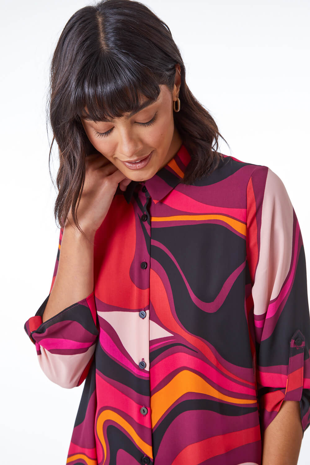 MAGENTA Swirl Print Button Up Tunic Blouse , Image 4 of 5