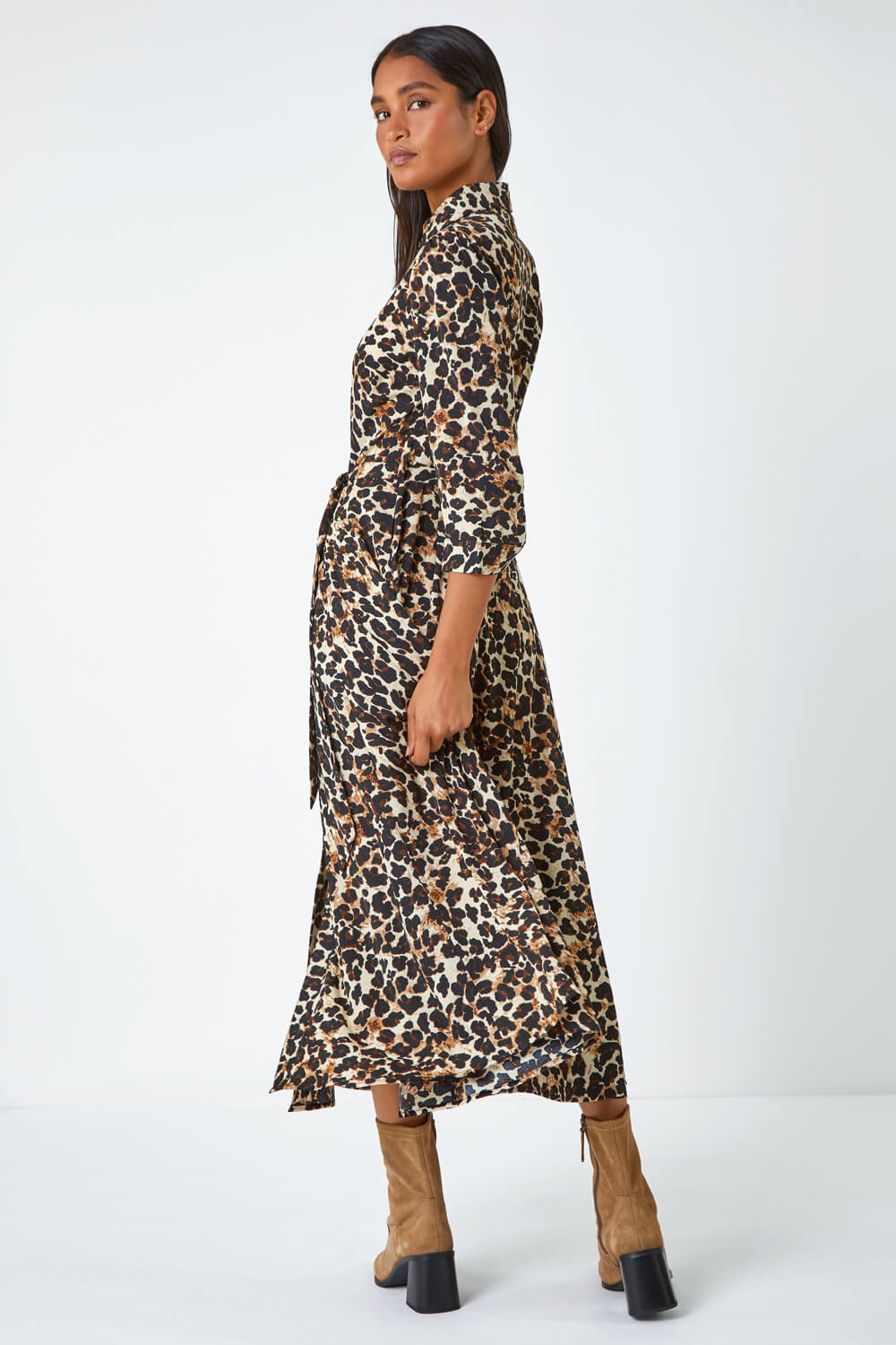 Beige Leopard Print Belted Shirt Dress, Image 3 of 5