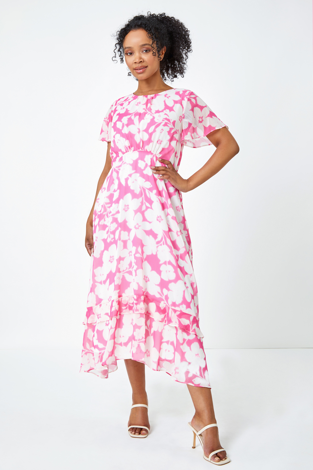 PINK Petite Frill Hem Floral Midi Dress, Image 2 of 5