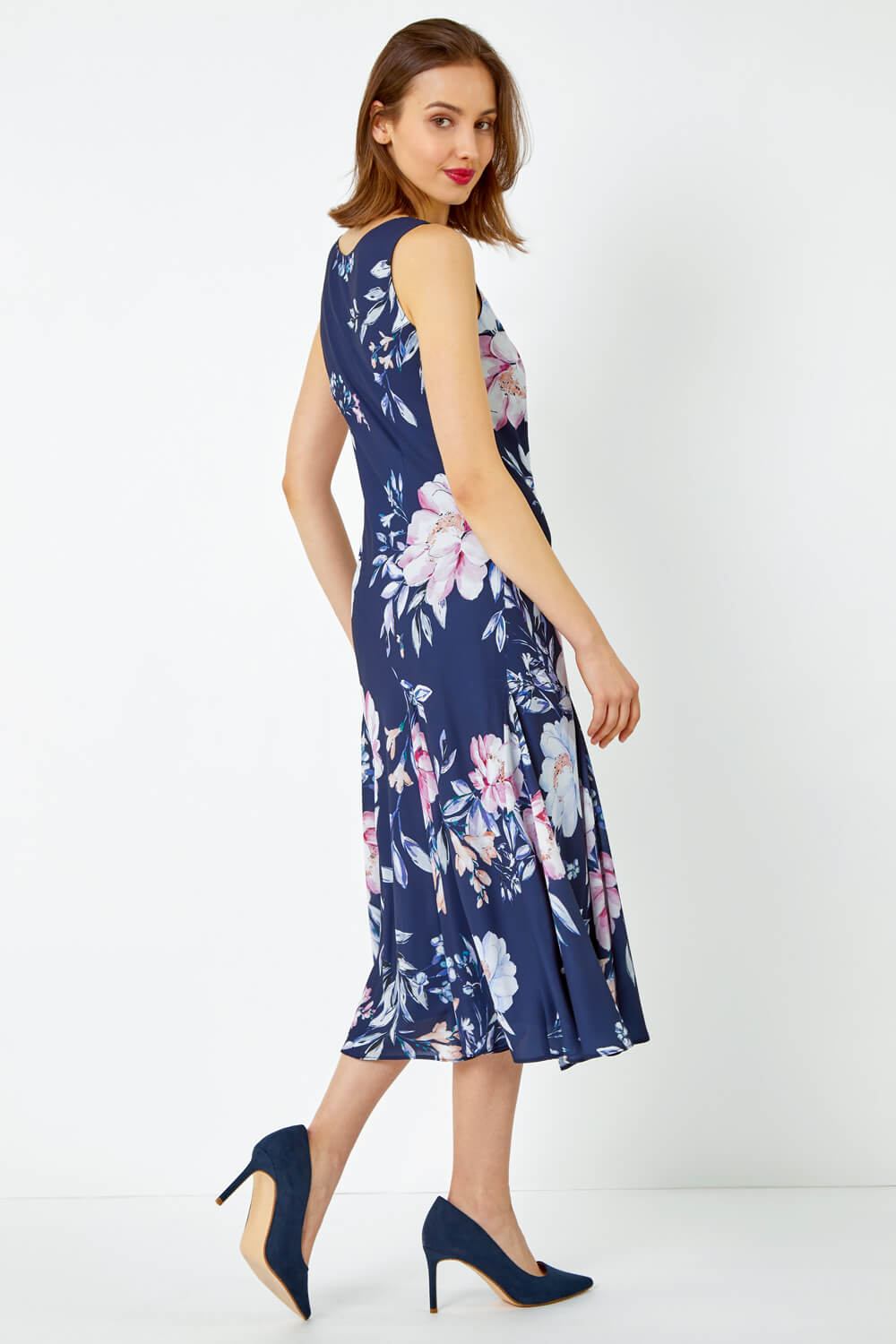 Navy  Sleeveless Floral Print Bias Midi Dress, Image 3 of 5