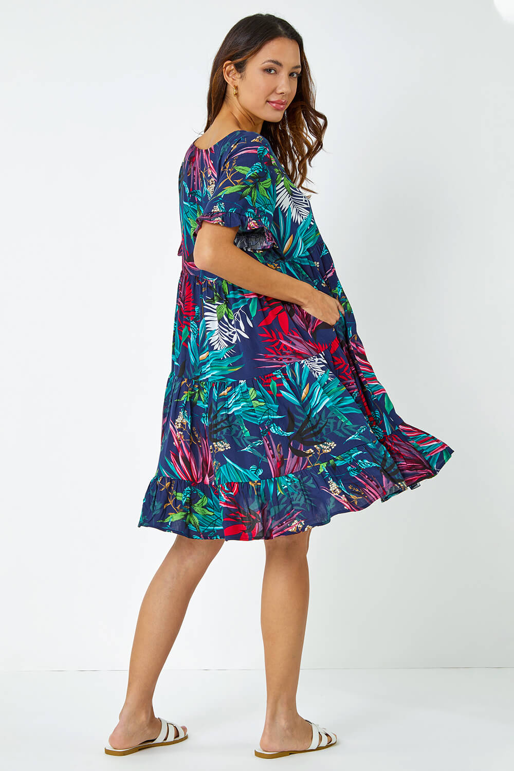Navy  Tropical Frill Sleeve Tiered Smock Dress, Image 3 of 5
